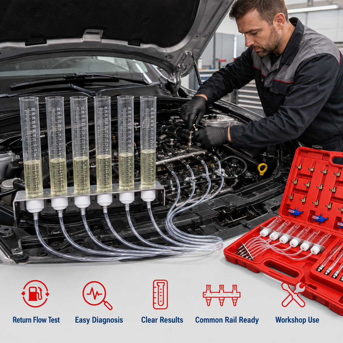 Set-kit adattatore misuratore-rilevatore iniettori a 6 cilindri, prova perdite common rail, tester controllo auto motore diesel, iniettore adattatori