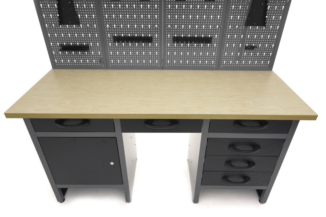 Arredamento modulare per officina, set di mobili da lavoro con 6 cassetti 160cm, attrezzatura per officina e banco da lavoro nero/grigio, 2 armadietti portautensili chiudibili a chiave, parete forata per strumenti con ganci, Hbm