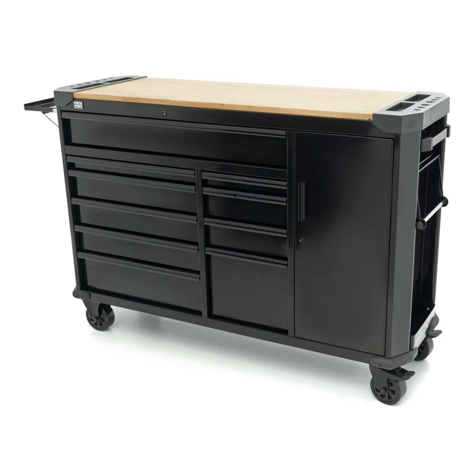 Carrello portautensili metallico professionale officina con 10 cassetti e ruote-mobile 147 cm con piano di lavoro in legno massiccio HBM Olanda