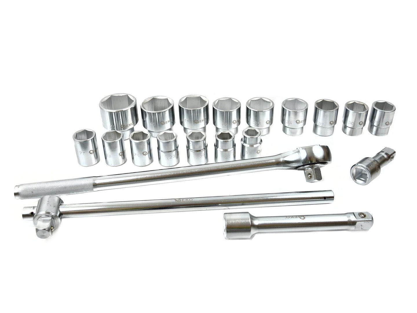 Kit di bussole con cricchetto reversibile, esagonali, estensibile, 19–50 mm (3/4"), 21 pz., con custodia in metallo, Geko