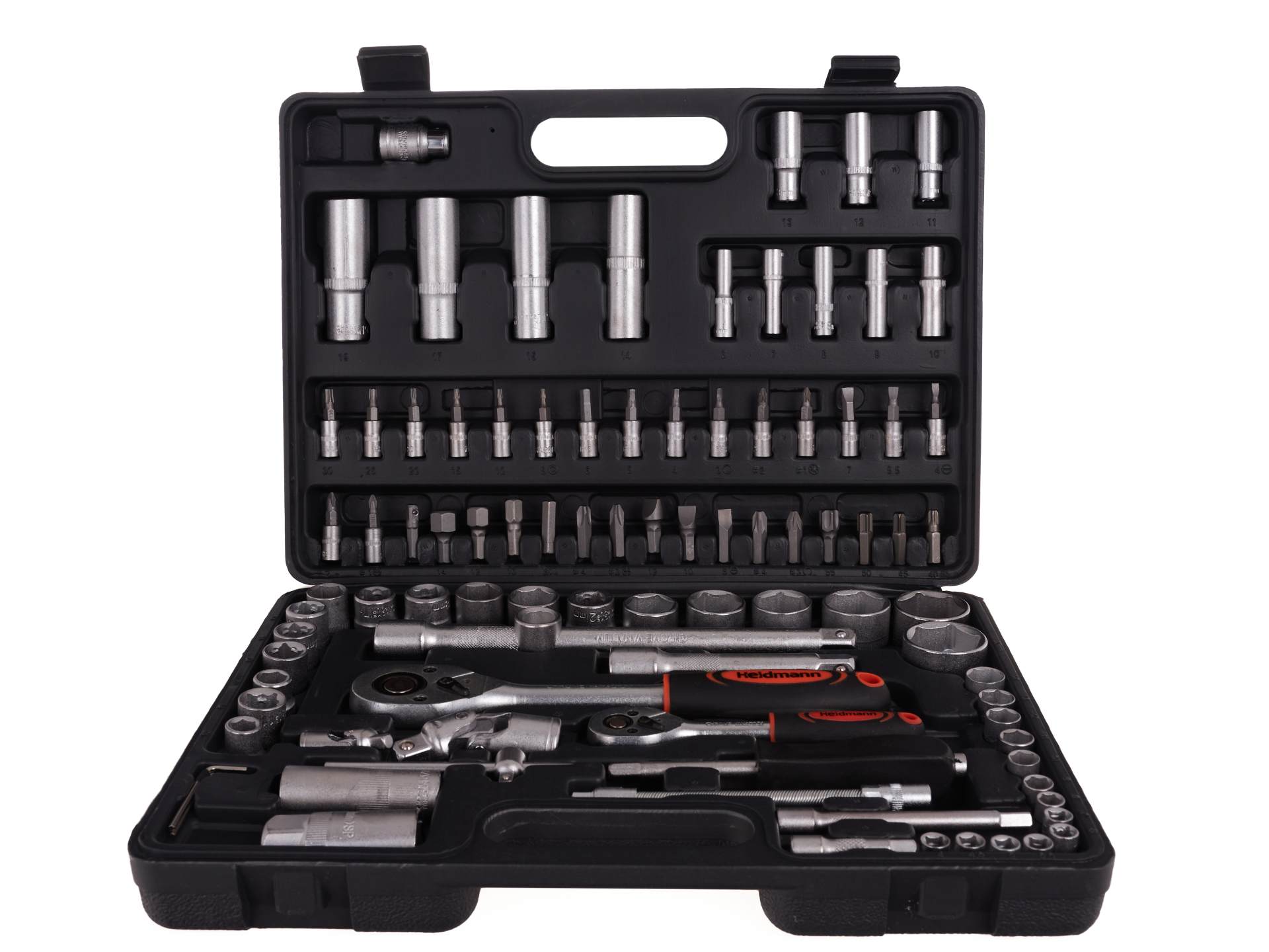 Valigetta utensili professionale 94 pezzi, serie di chiavi a bussola in Cr-V, torx cricchetti, prolunghe, kit attrezzi per auto, officina fai-da-te con attacchi 1/2" e 1/4", Heidmann