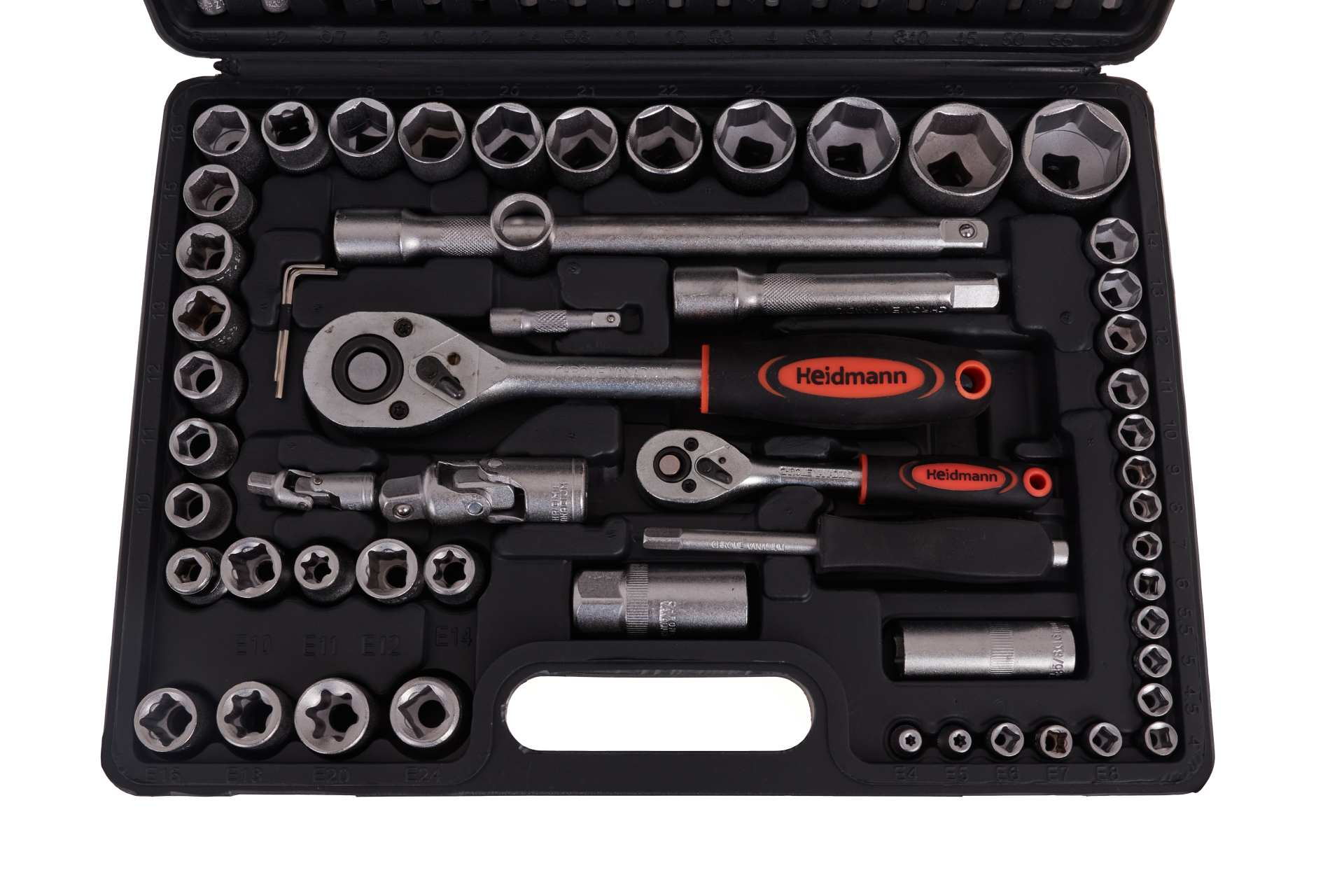 Valigetta utensili professionale 108 pezzi, serie di chiavi a bussola, torx cricchetti, prolunghe, kit attrezzi per auto, officina fai-da-te con attacchi 1/2" e 1/4", Cr-V Heidmann