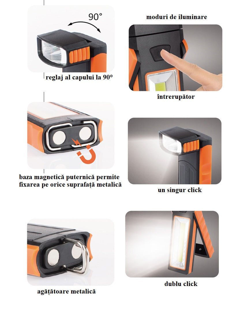 Lampada da lavoro magnetica a LED COB , con gancio e testa girevole 90°, 160LM + 50LM, torcia da lavoro Verke