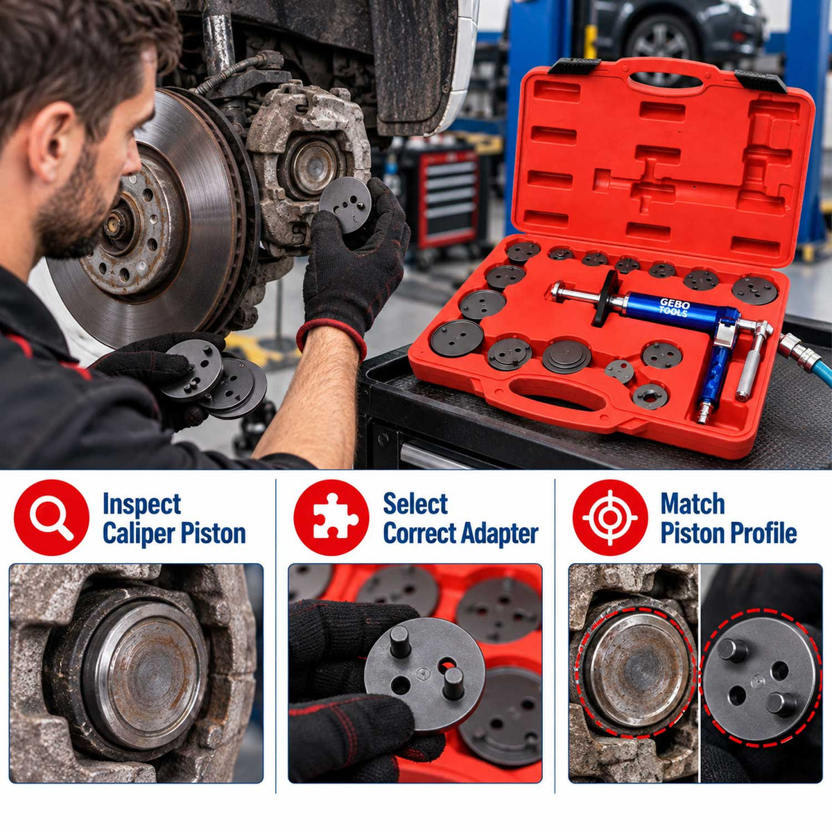 Set-kit pressa pneumatica per pistoncini delle pinze freno, divaricatore per pastiglie dei freni per auto, strumenti per la retrazione del pistone 16 pezzi Gebo Tools