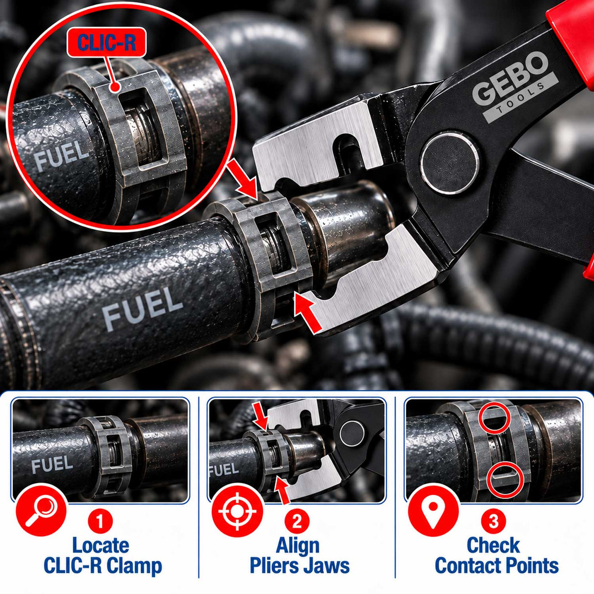 Pinza Clic-R per fascette e condotti auto, a scatto, pinze stringitubo Gebo Tools