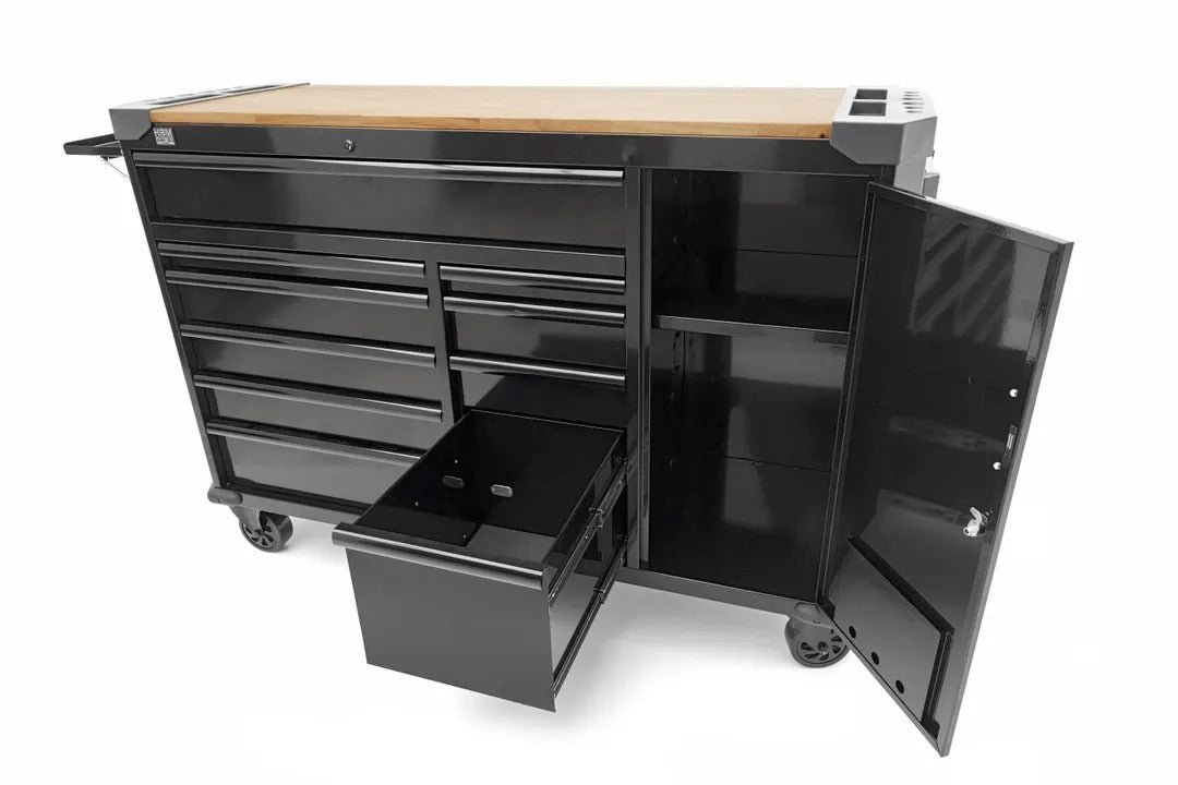 Carrello portautensili metallico professionale officina con 10 cassetti e ruote-mobile 147 cm con piano di lavoro in legno massiccio HBM Olanda