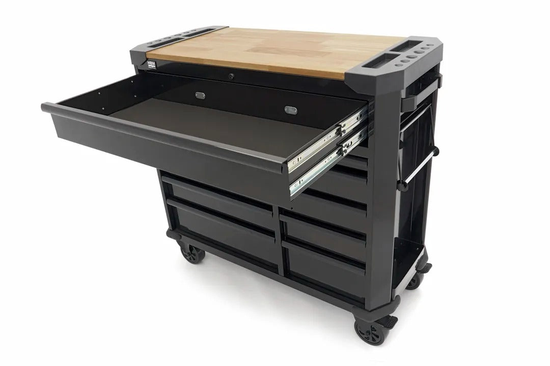 Carrello portautensili metallico professionale officina con 11 cassetti e ruote-mobile 109 cm con piano di lavoro in legno massiccio HBM Machines