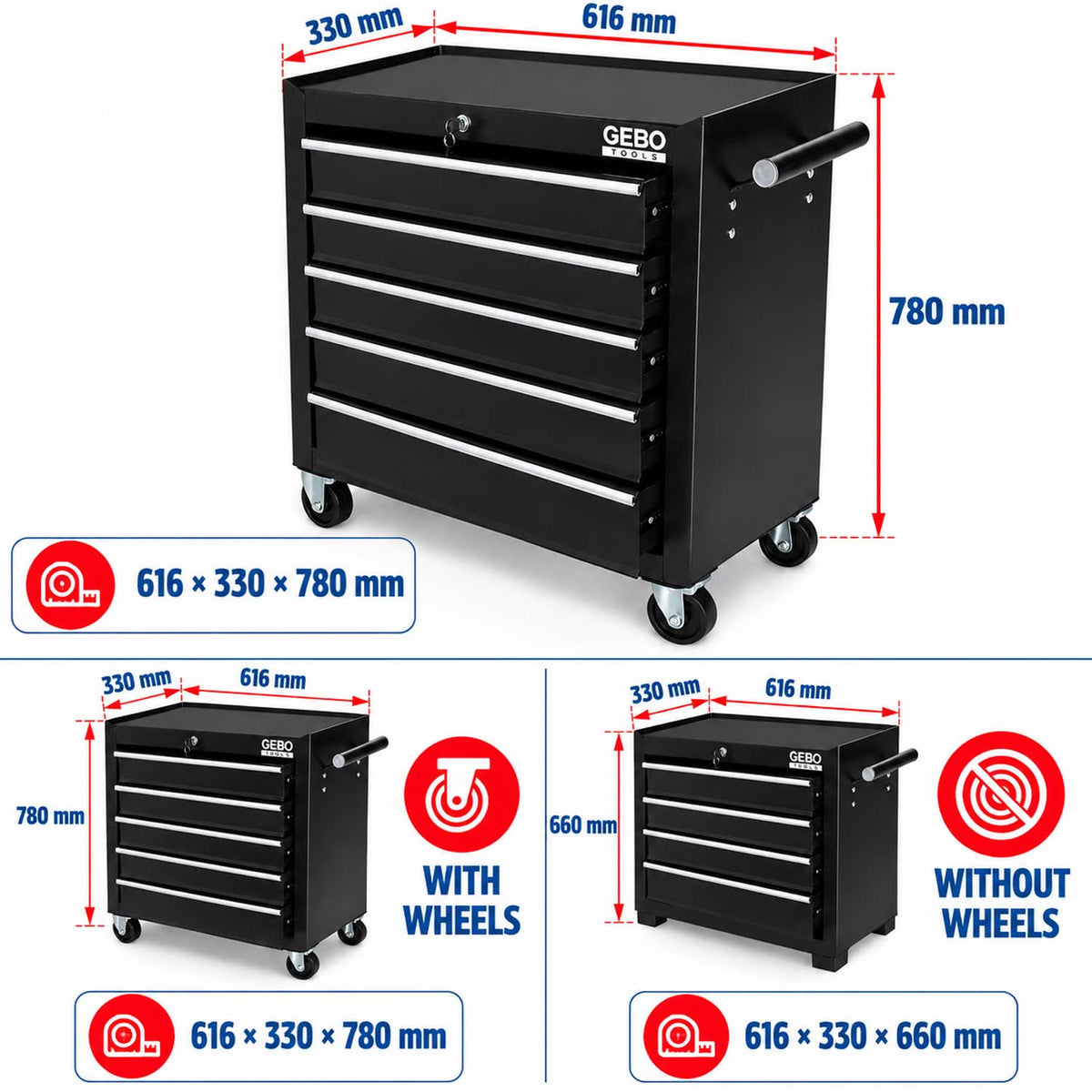 Armadio metallico senza attrezzi con 5 cassetti , carrello portautensili, cassetta portattrezzi mobile,nero, Gebo Tools