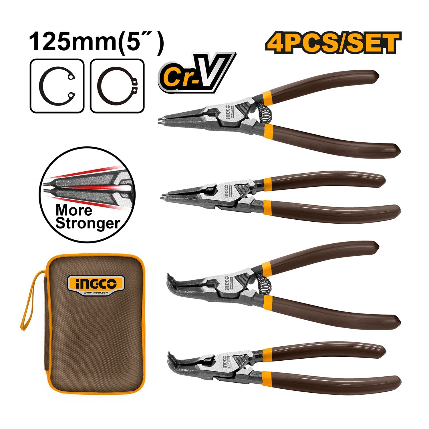Set di 4 pinze per anelli di sicurezza 125mm, pinza per seeger con borsa portatile, punte dritte e curve per bloccaggio interno ed esterno, Ingco