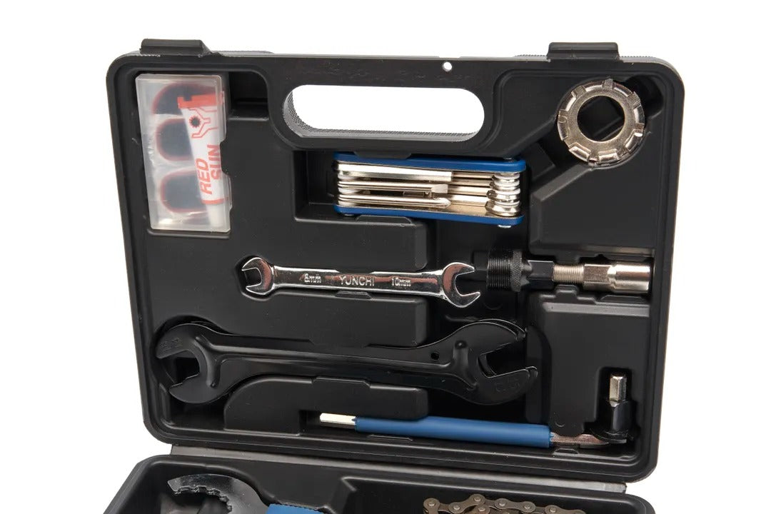 Kit di riparazione per biciclette 18 pezzi, set di utensili a mano valigetta multifunzionale strumento per bicicletta, attrezzi di riparazione della bicicletta, Hbm
