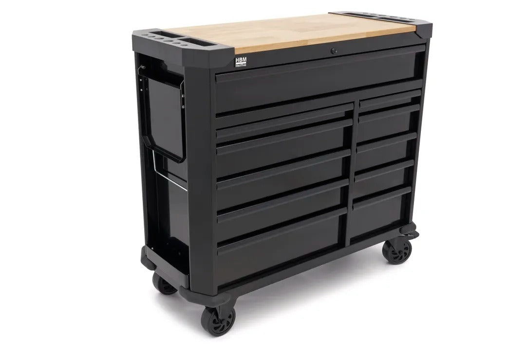 Carrello portautensili metallico professionale officina con 11 cassetti e ruote-mobile 109 cm con piano di lavoro in legno massiccio HBM Machines