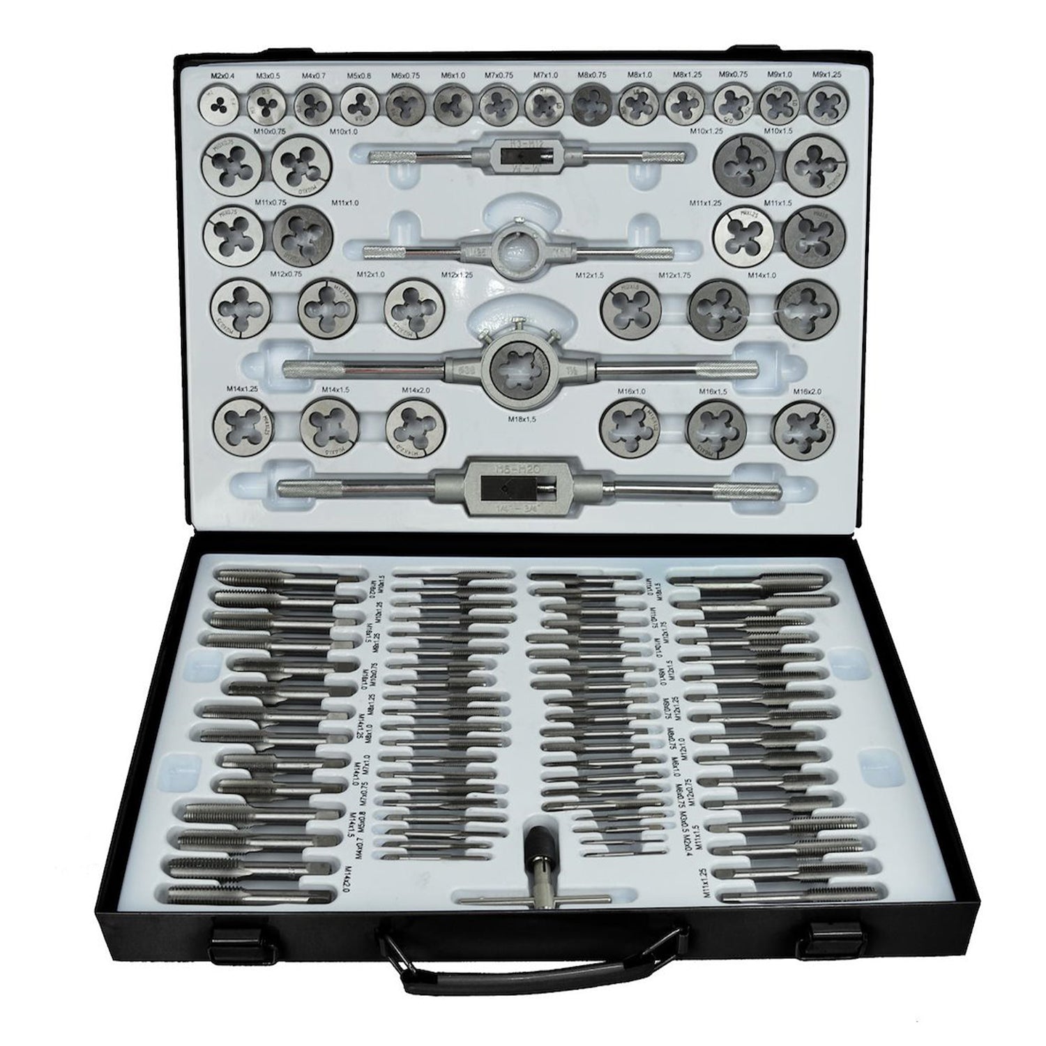 Set maschi e filiere metriche 110 pezzi. Completo da M3 a M12 con giramaschi e accessori calibro di filettatura, per filettature interne ed esterne, Geko
