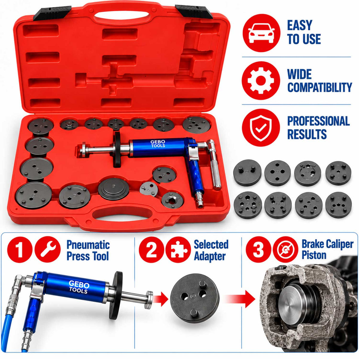 Set-kit pressa pneumatica per pistoncini delle pinze freno, divaricatore per pastiglie dei freni per auto, strumenti per la retrazione del pistone 16 pezzi Gebo Tools