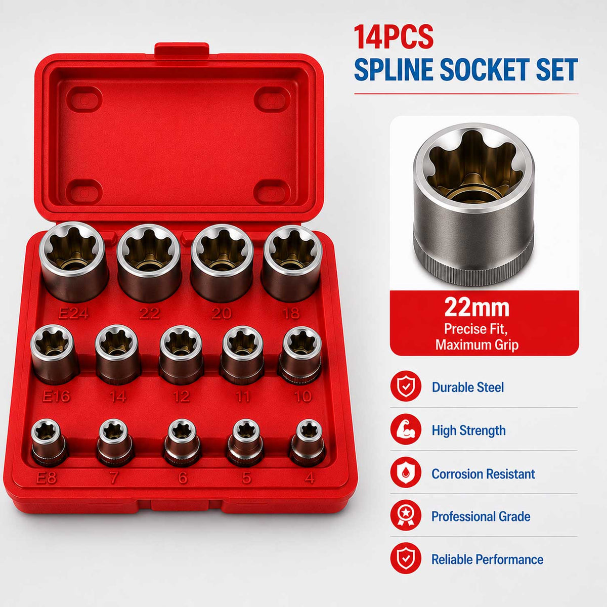 Set-kit bussole E-Torx, 1/2" 1/4" 3/8", E4-E24 ,14 pezzi Gebo Tools