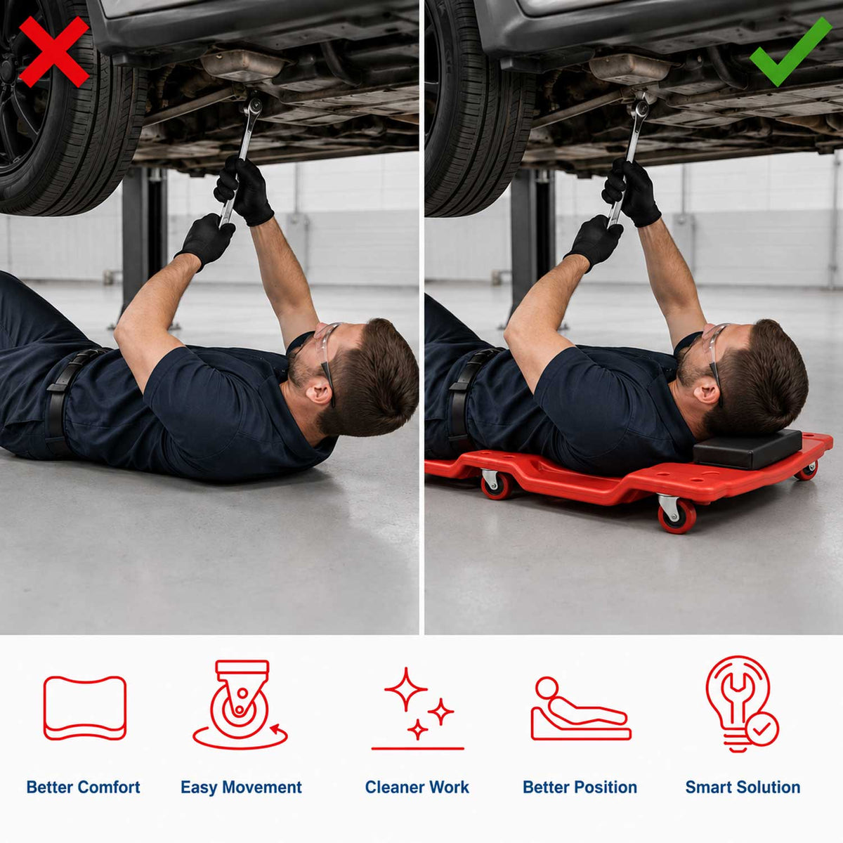 Carrello sdraio per meccanico, sotto auto professionale, da officina, lettino sottomacchina, pedana montaggio, riparazioni con ruote e poggiatesta, 6 ruote e portata fino a 130 kg