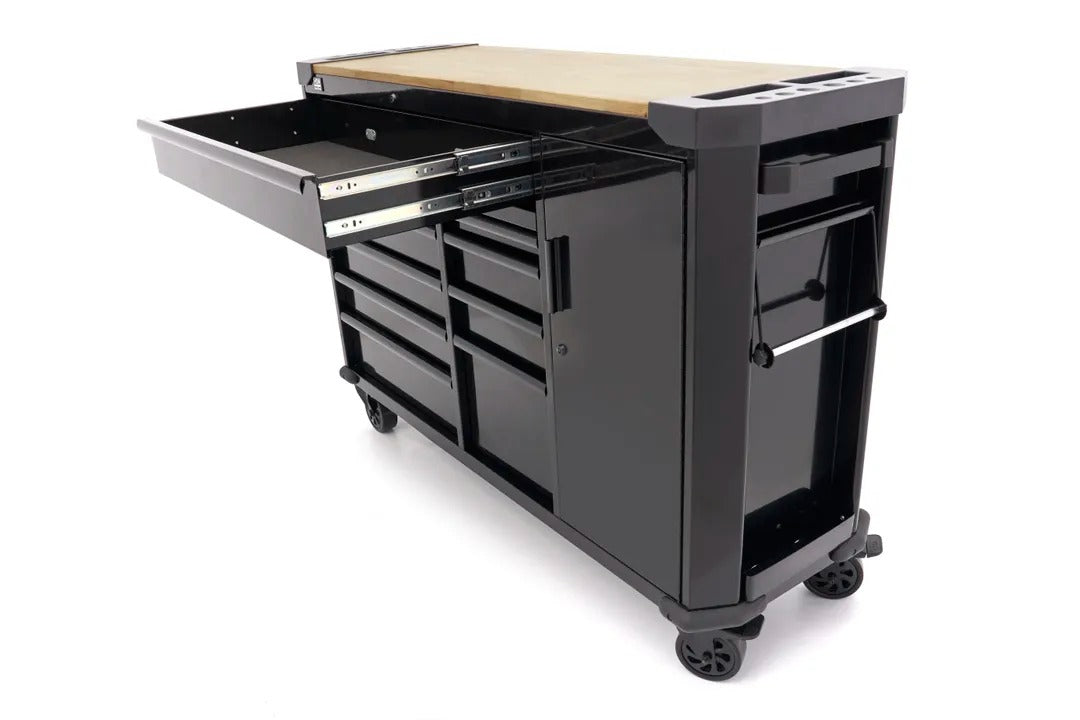 Carrello portautensili metallico professionale officina con 10 cassetti e ruote-mobile 147 cm con piano di lavoro in legno massiccio HBM Olanda