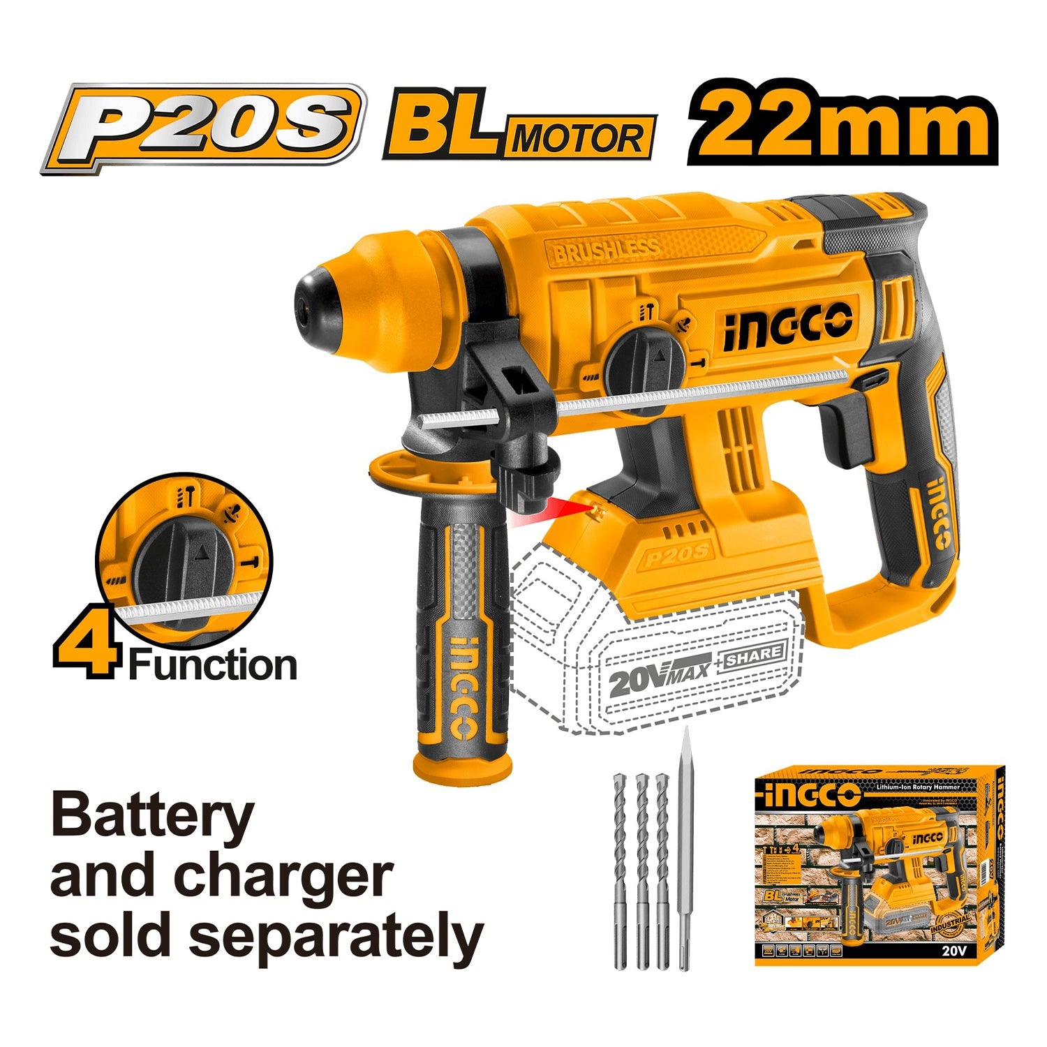 Martello demolitore SDS-plus 20V, martello perforatore 4700bpm, potenza d'impatto 1,5j, 1350rpm, 4 modalità, con motore brushless, scalpellatore tassellatore