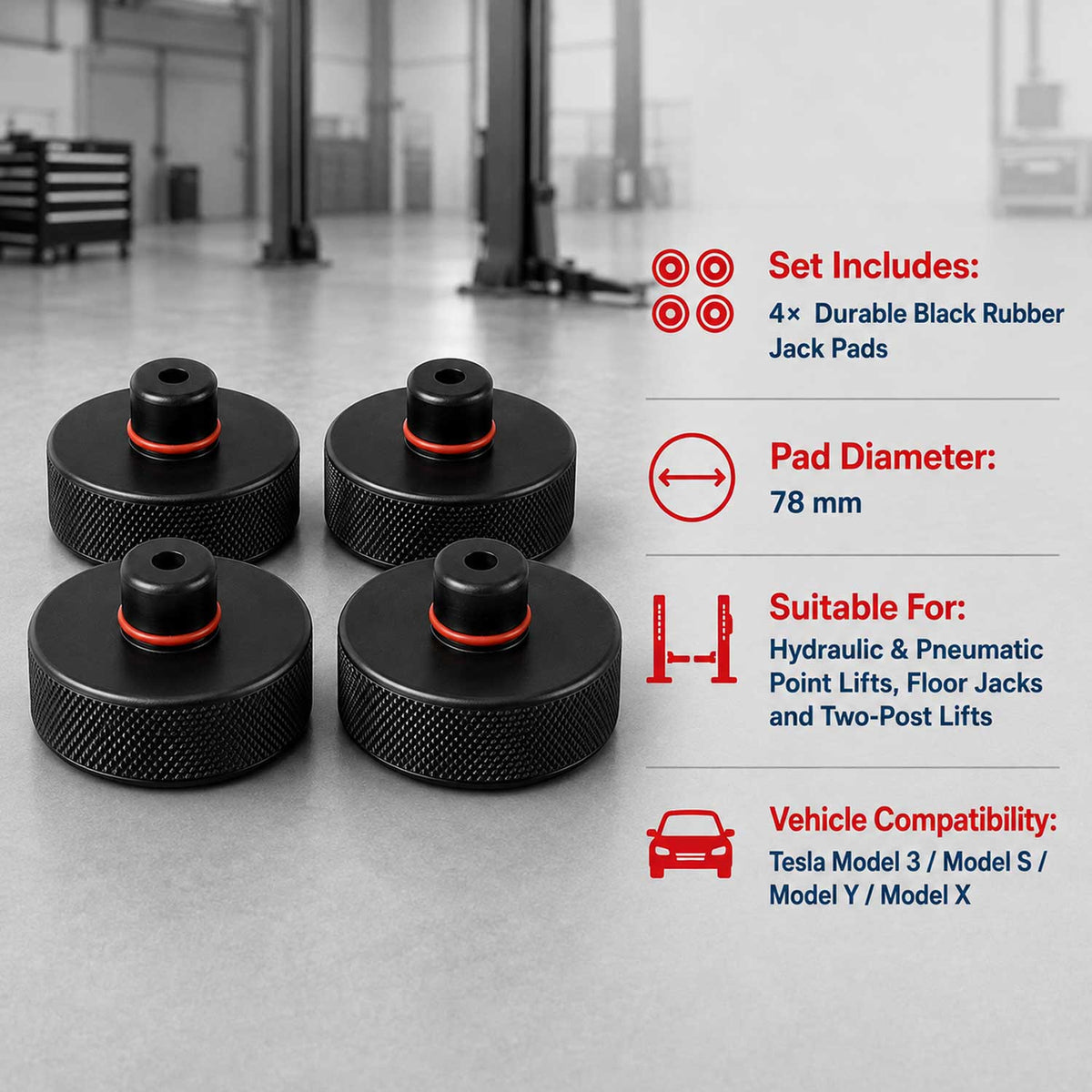 Set-kit tampone in gomma per cric compatibili con Tesla model 3 / S/X/Y, 4 sollevamento con scatola di immagazzinaggio, accessori per veicoli, 78 mm, Gebo Tools
