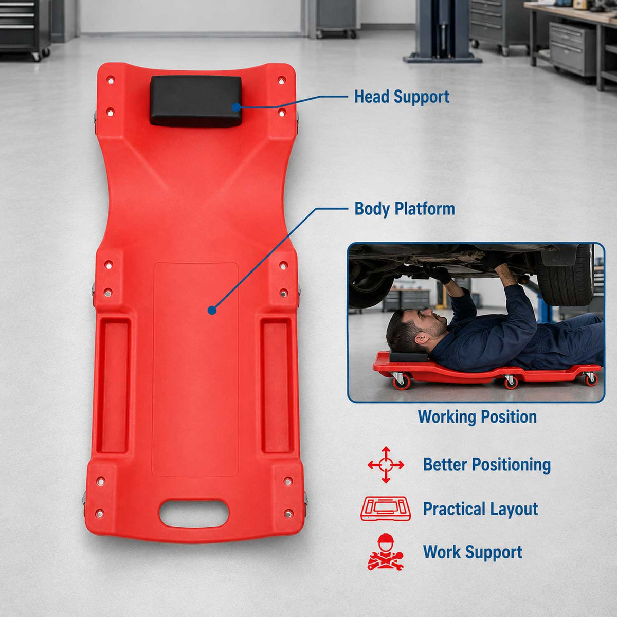 Carrello sdraio per meccanico, sotto auto professionale, da officina, lettino sottomacchina, pedana montaggio, riparazioni con ruote e poggiatesta, 6 ruote e portata fino a 130 kg