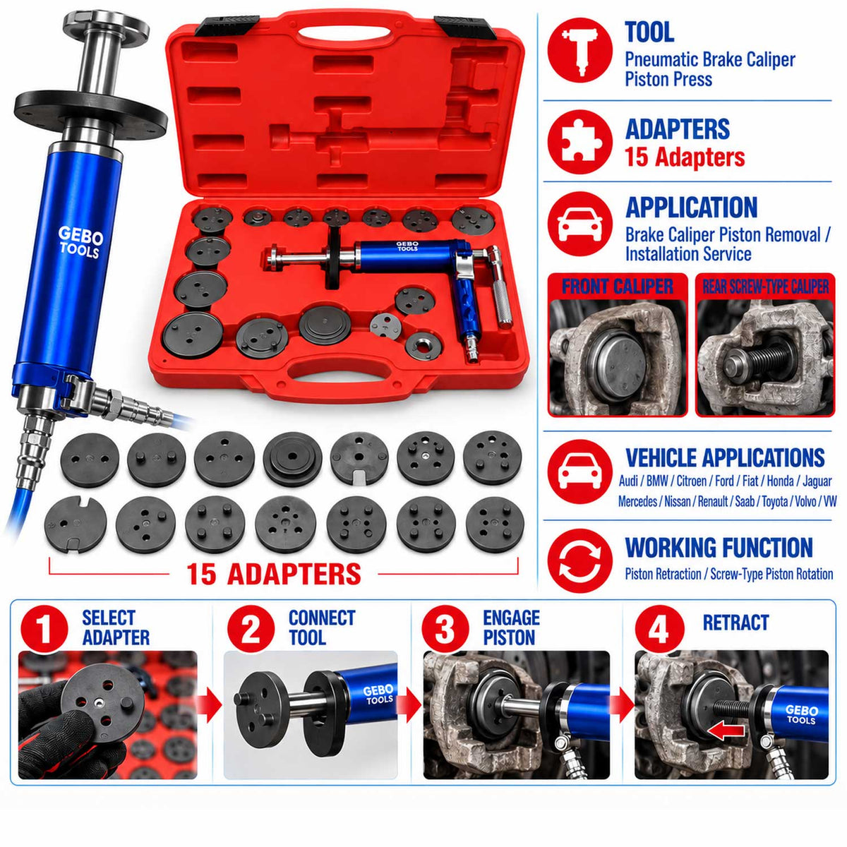 Set-kit pressa pneumatica per pistoncini delle pinze freno, divaricatore per pastiglie dei freni per auto, strumenti per la retrazione del pistone 16 pezzi Gebo Tools