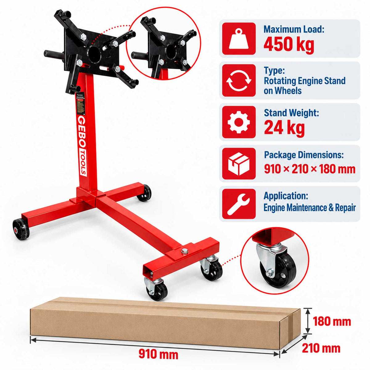 Cavalletto porta motore girevole, supporto per cambio, rotazione 360 gradi, 4 bracci di montaggio carrello professionale carico massimo 450 kg Gebo Tools