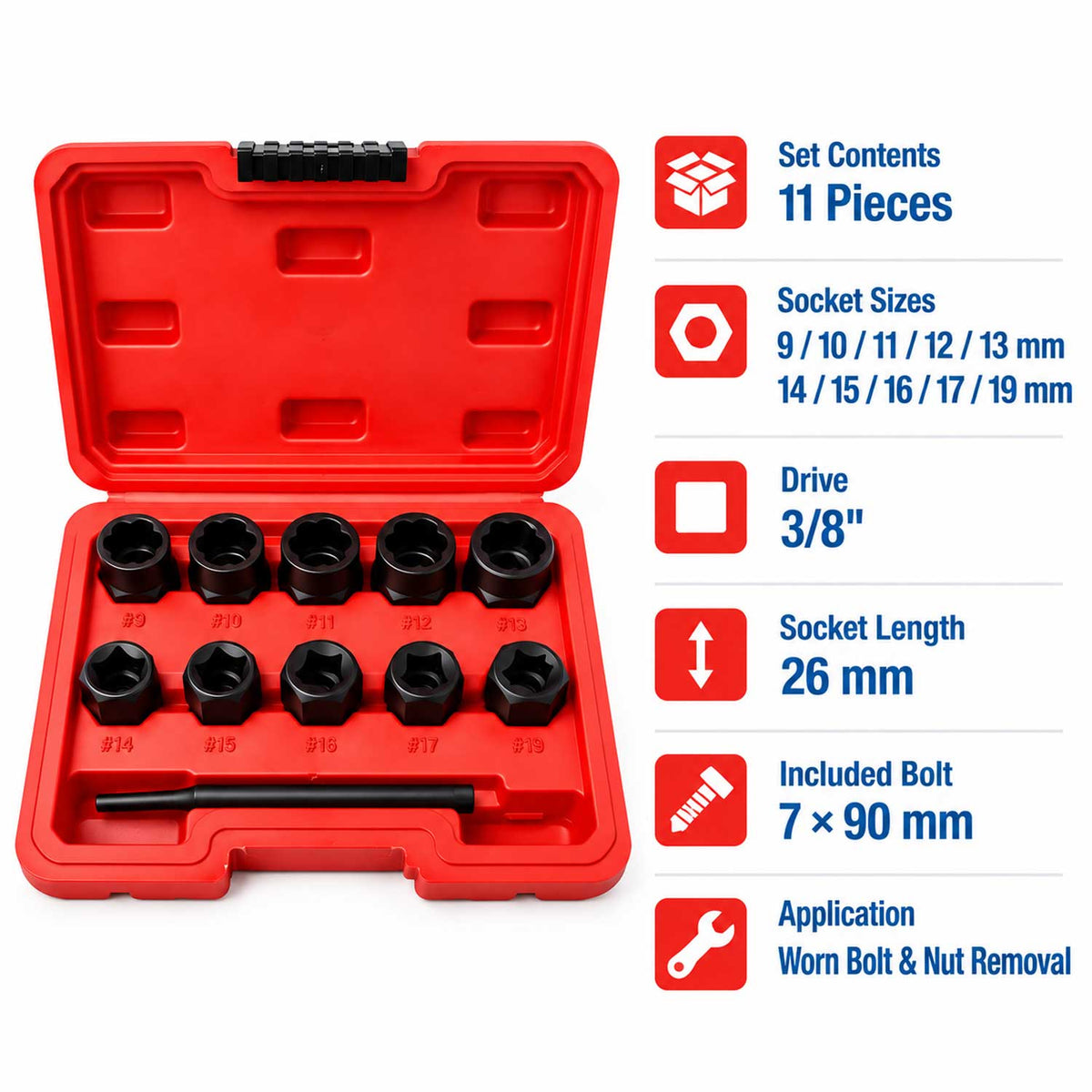 Set bussole per rimozione viti e bulloni danneggiati,9–19 mm, 11 pezzi, Gebo Tools