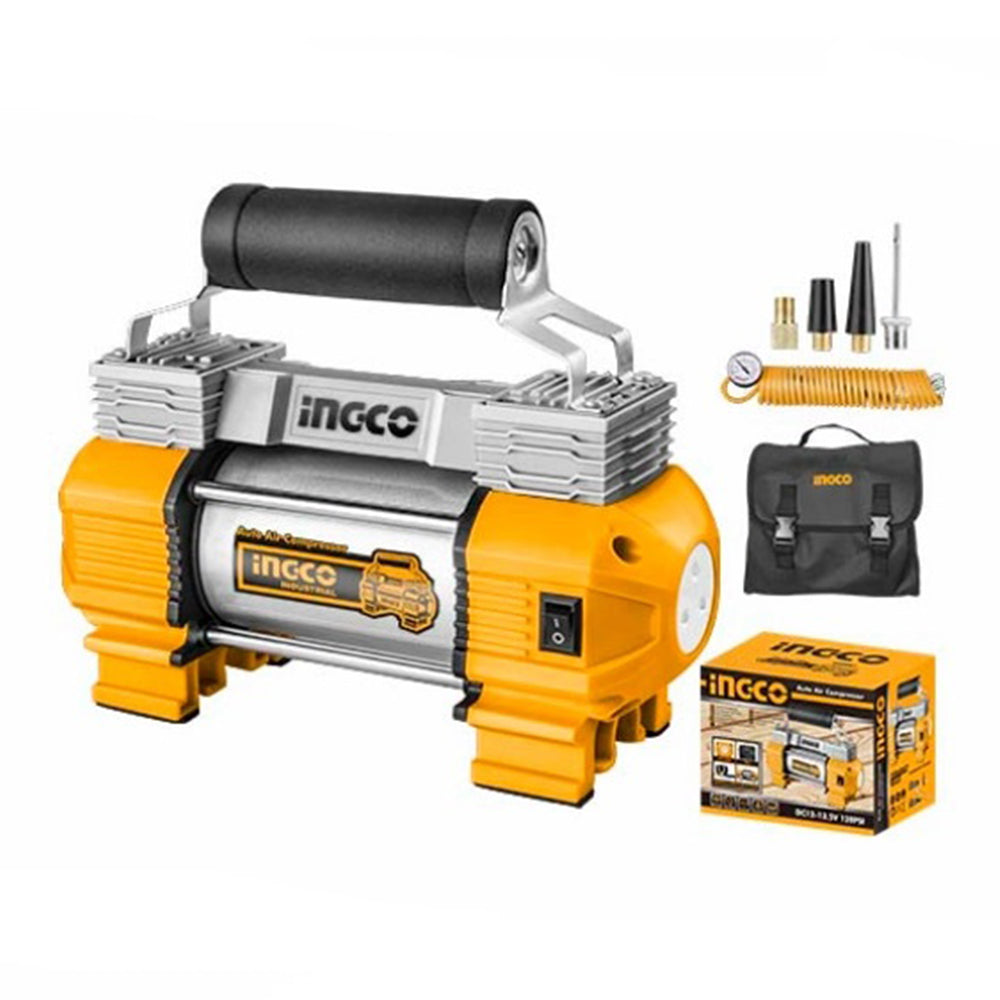 Compressore d'aria da 12 V, gonfiatore per pneumatici a doppio cilindro,kit di gonfiaggio per pneumatici, pompa d'aria fuoristrada per suv, camion, auto, biciclette, palloni, materassi ad aria, barche gonfiabili, con 3 adattatori e borsa in tela, Ingco