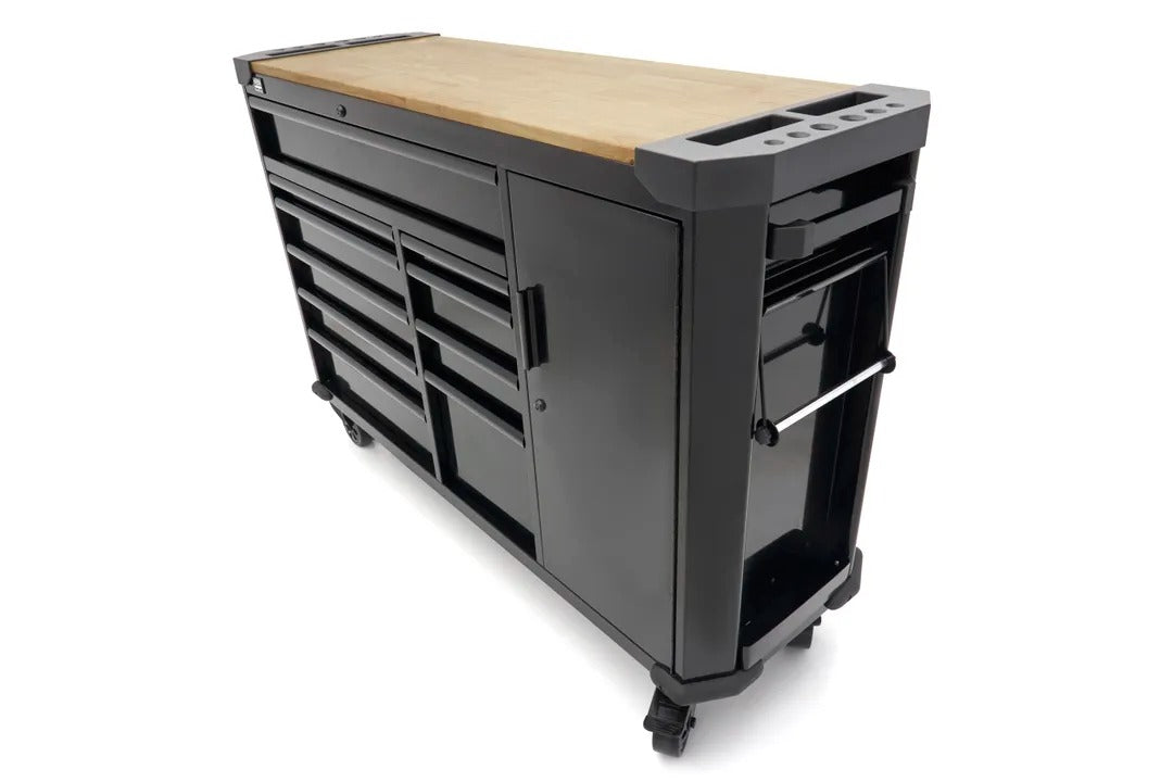 Carrello portautensili metallico professionale officina con 10 cassetti e ruote-mobile 147 cm con piano di lavoro in legno massiccio HBM Olanda