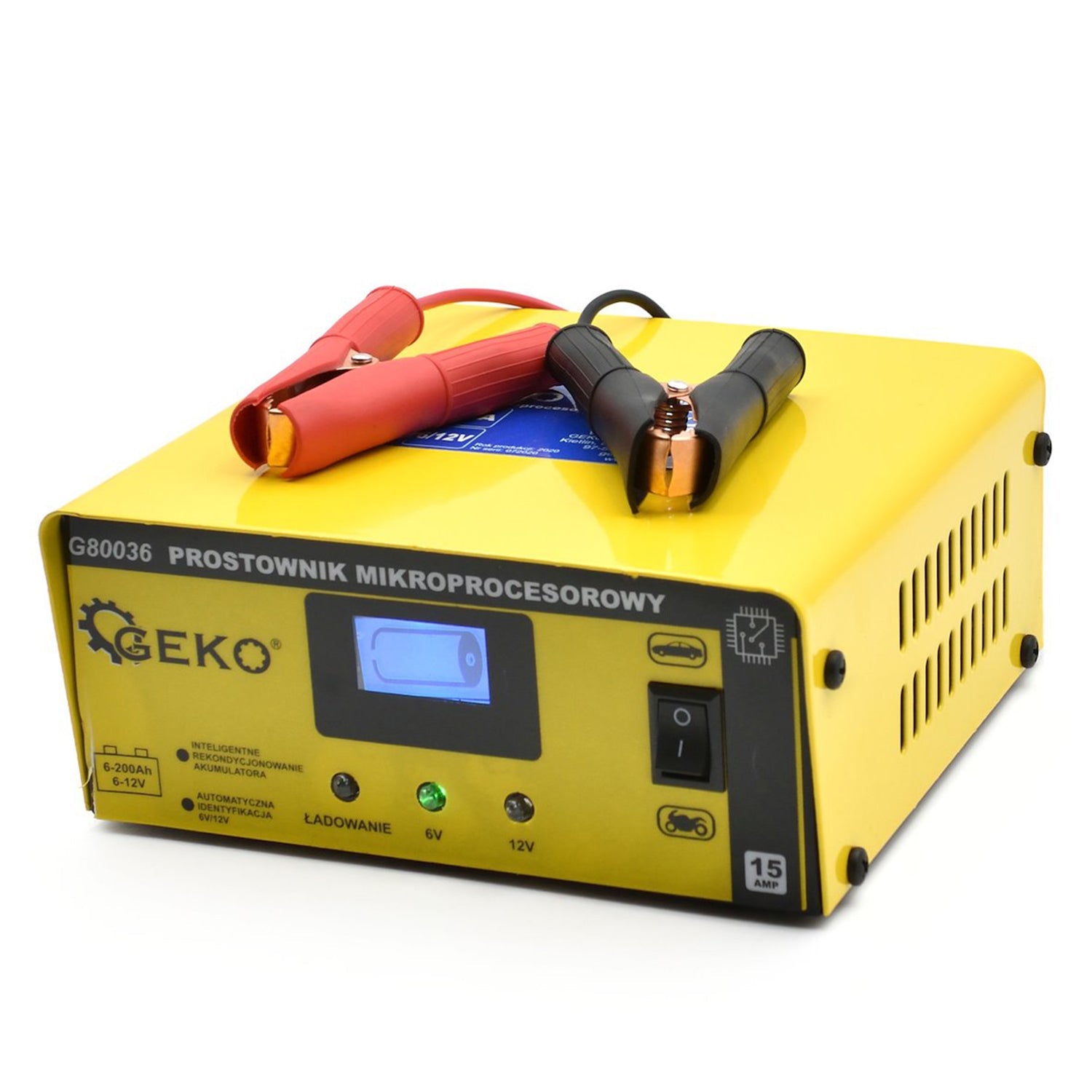 Caricabatterie auto a microprocessore LCD 6/12V 15A, avviatore per batterie auto6-200Ah Geko