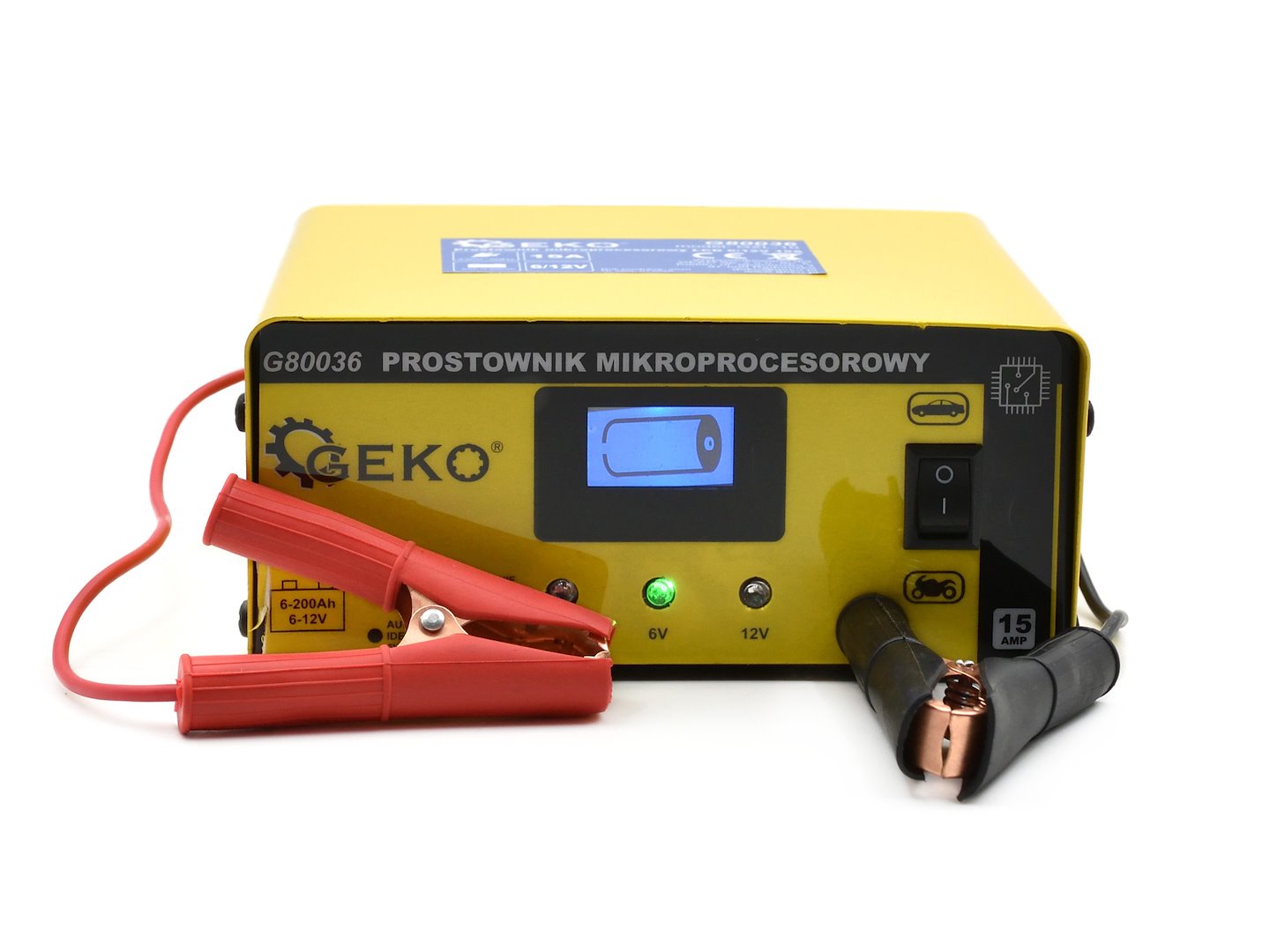 Caricabatterie auto a microprocessore LCD 6/12V 15A, avviatore per batterie auto6-200Ah Geko