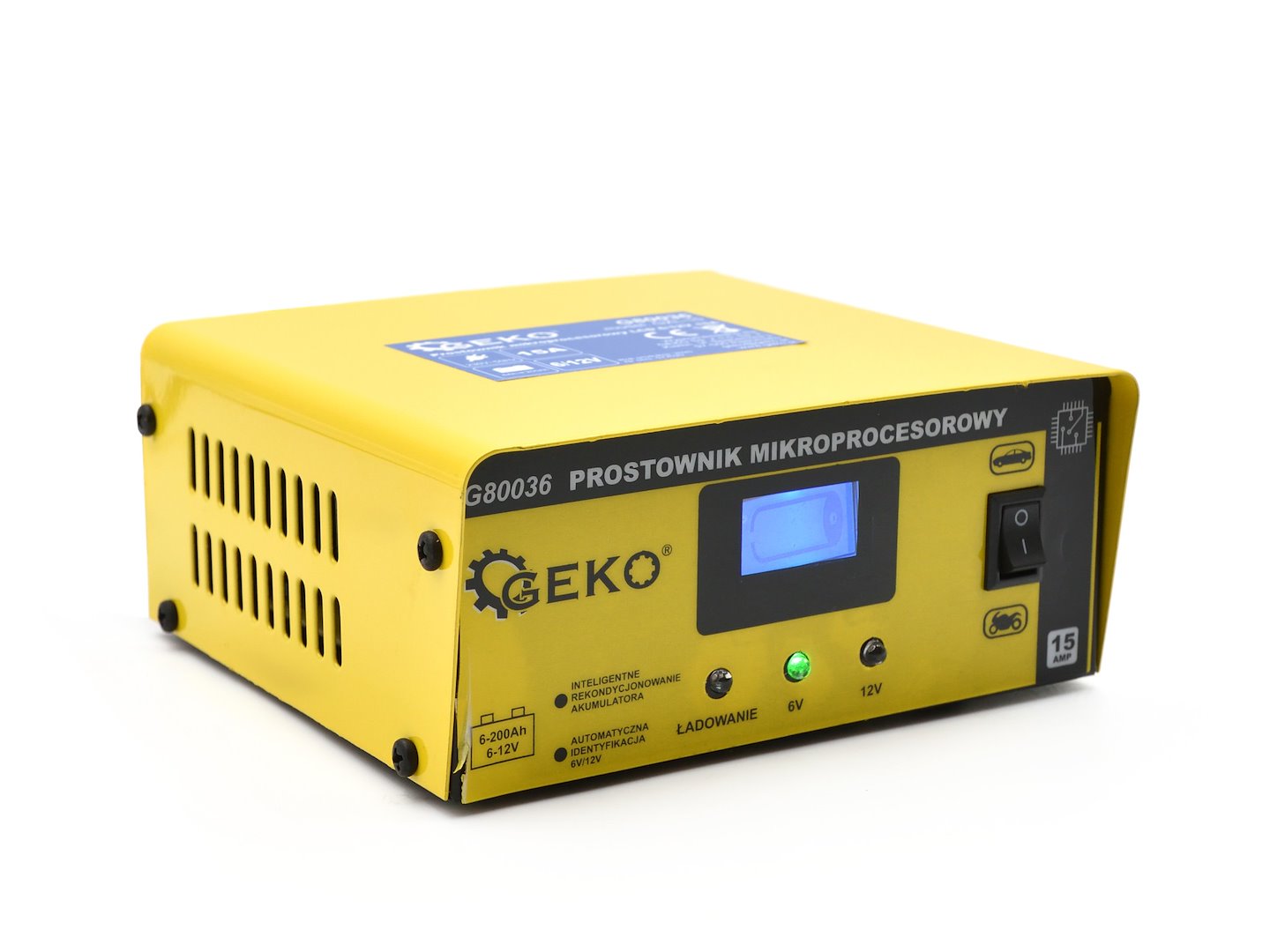 Caricabatterie auto a microprocessore LCD 6/12V 15A, avviatore per batterie auto6-200Ah Geko