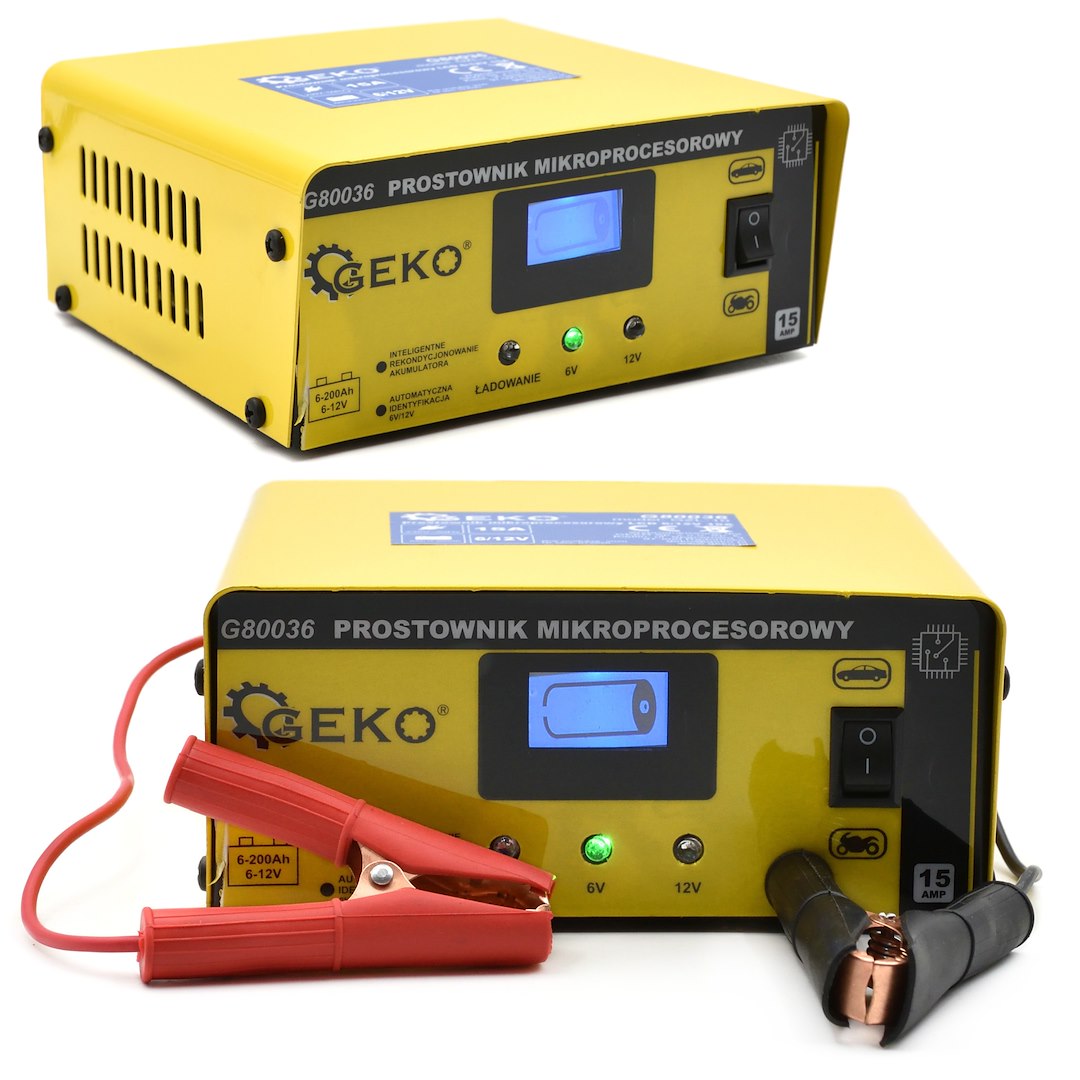 Caricabatterie auto a microprocessore LCD 6/12V 15A, avviatore per batterie auto6-200Ah Geko