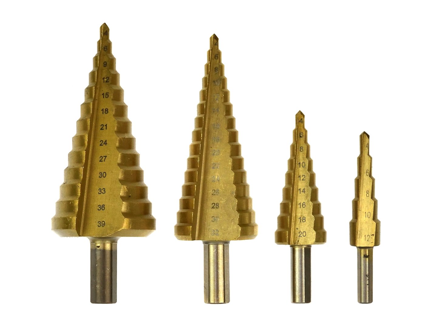 Set 4 punte coniche, fresa conica trapano a gradini, punte con gambo e 1 punzone centrale, HSS TiN (4-12 / 4-20 / 4-32 / 4-39 mm) - Geko