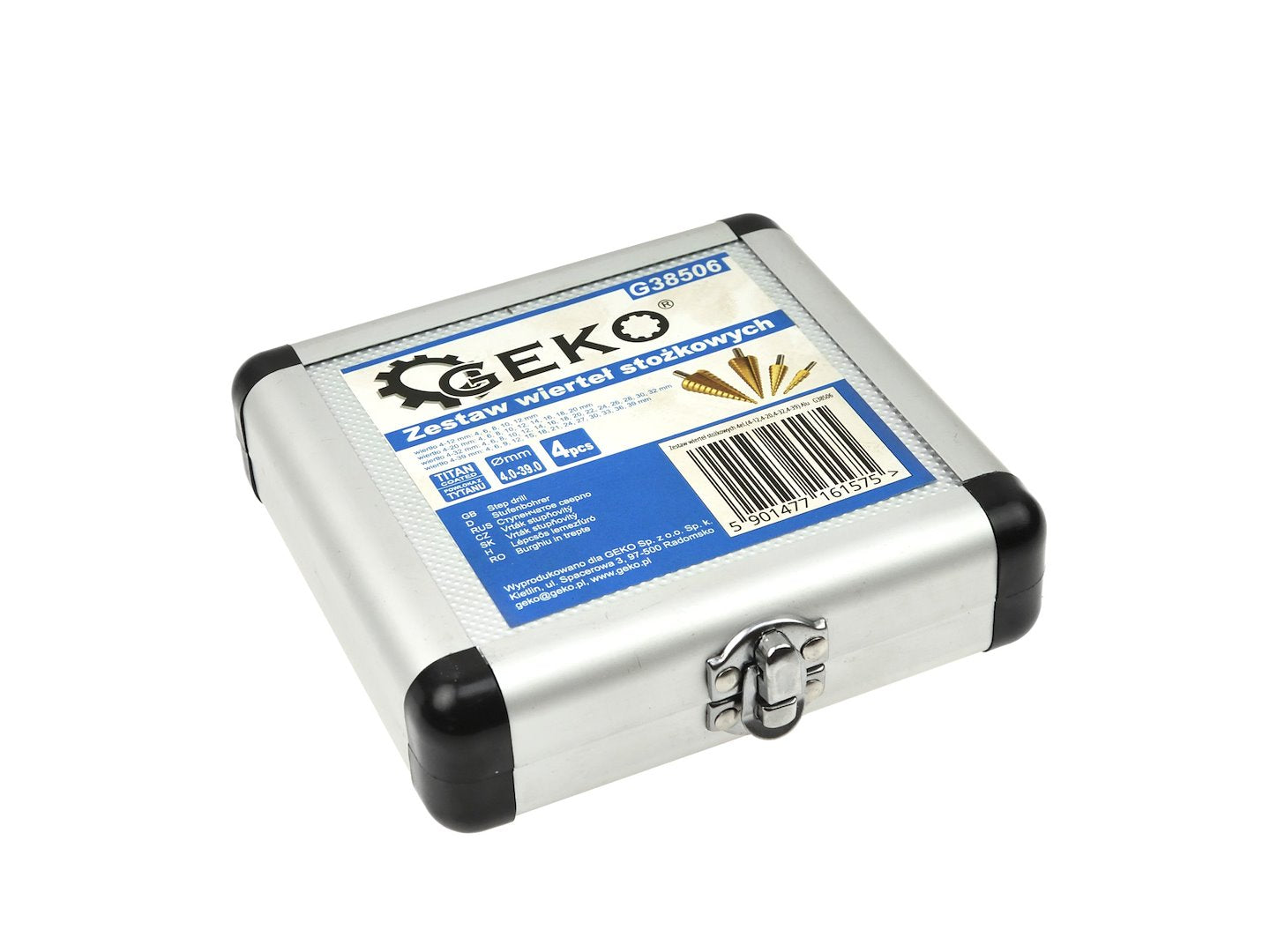 Set 4 punte coniche, fresa conica trapano a gradini, punte con gambo e 1 punzone centrale, HSS TiN (4-12 / 4-20 / 4-32 / 4-39 mm) - Geko