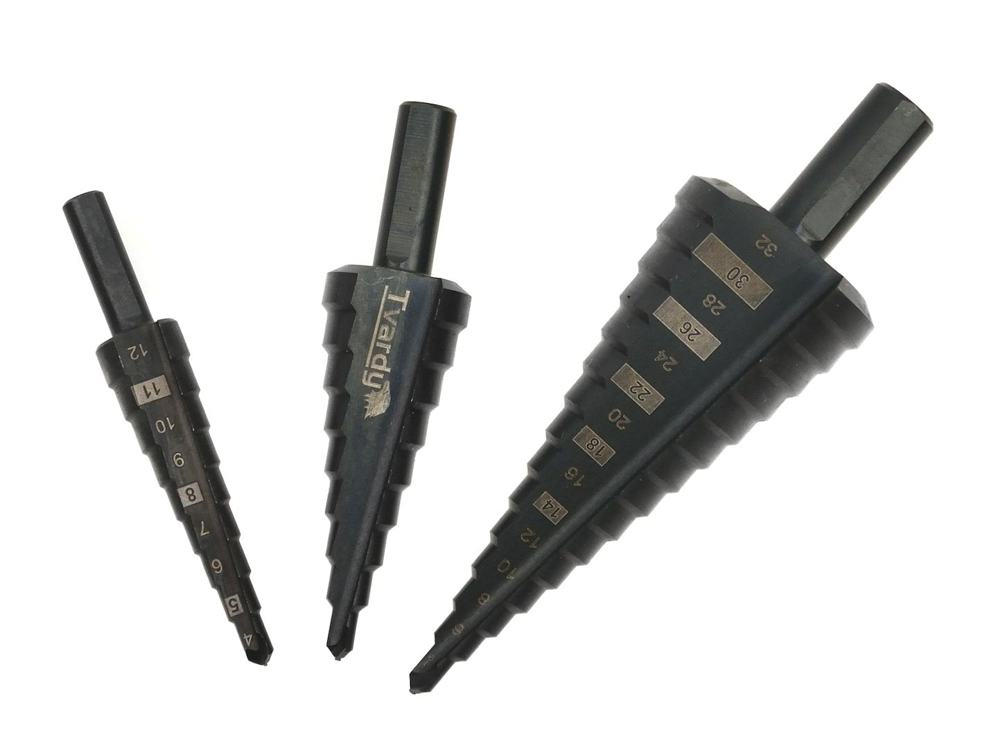 Set 3 punte coniche, fresa conica trapano a gradini, punte con gambo e 1 punzone centrale, HSS M2 4-12 / 4-20 / 4-32 mm, per metallo plastica, Tvardy