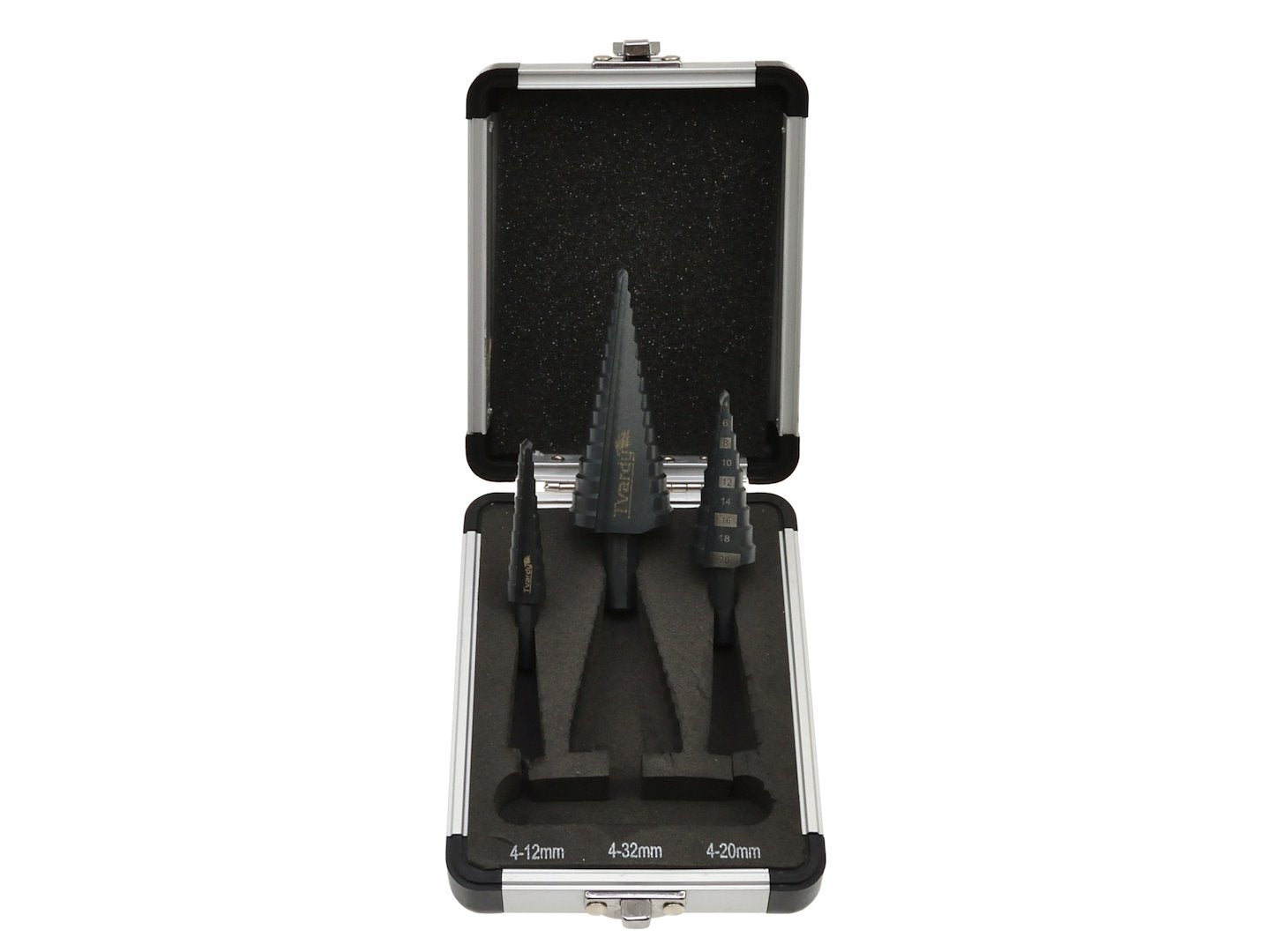 Set 3 punte coniche, fresa conica trapano a gradini, punte con gambo e 1 punzone centrale, HSS M2 4-12 / 4-20 / 4-32 mm, per metallo plastica, Tvardy