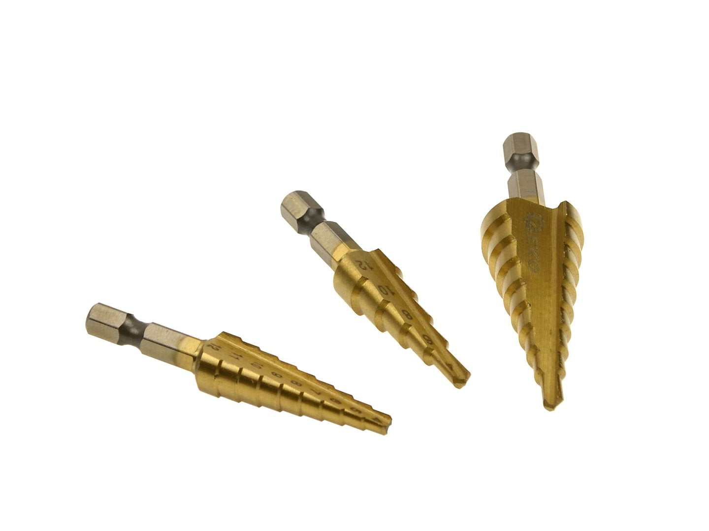 Set 3 punte coniche, fresa conica trapano a gradini, punte con gambo e 1 punzone centrale, HSS TiN HEX 1/4" (3-12 / 4-12 / 4-20 mm) - Geko