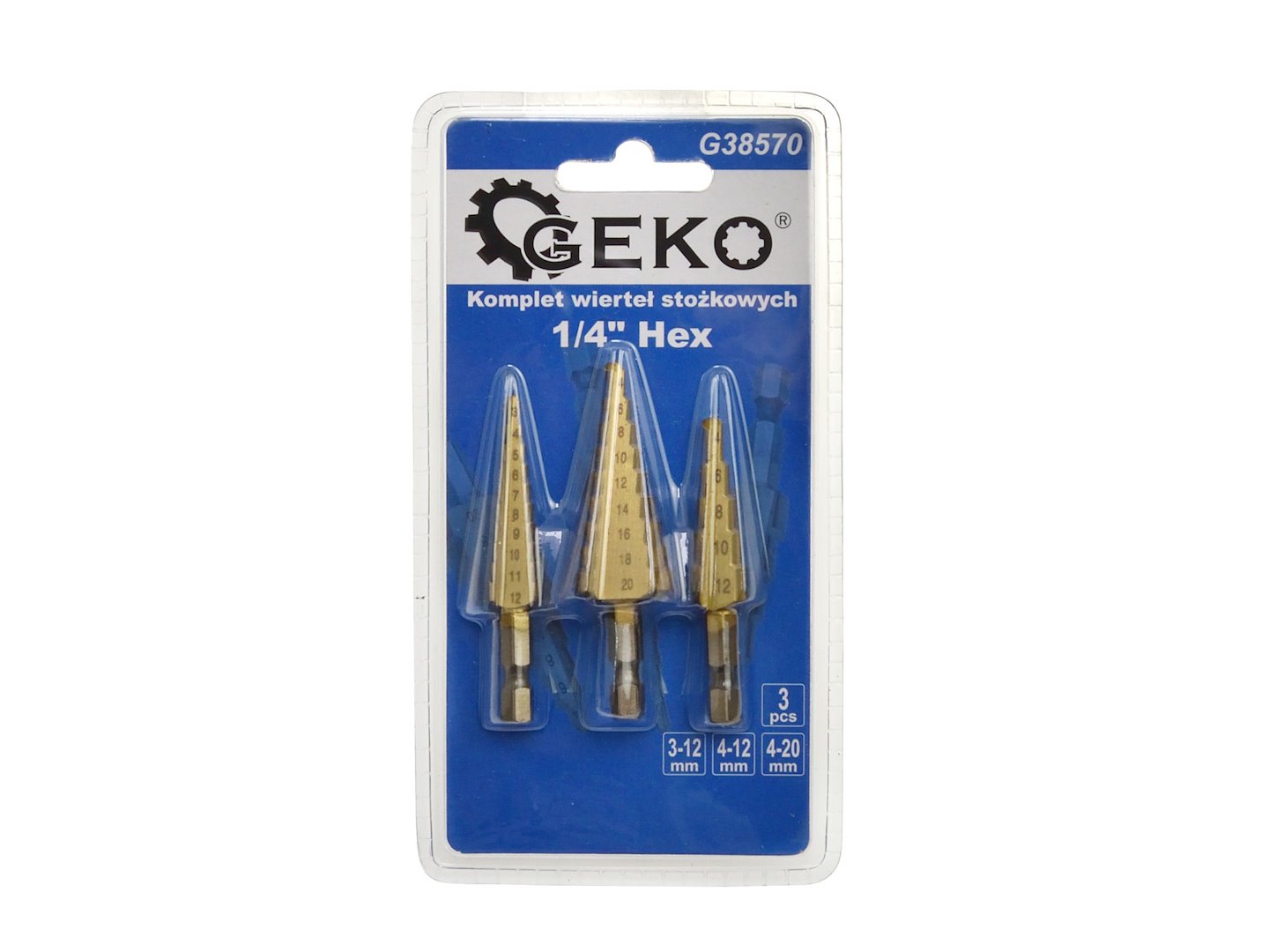 Set 3 punte coniche, fresa conica trapano a gradini, punte con gambo e 1 punzone centrale, HSS TiN HEX 1/4" (3-12 / 4-12 / 4-20 mm) - Geko