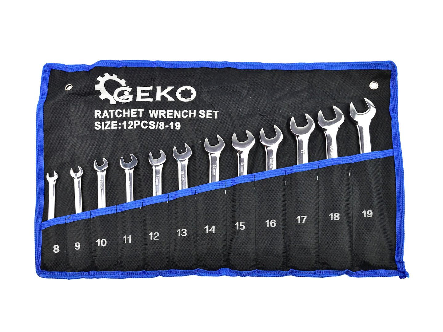 Set di chiavi a cricchetto combinate, anello e forchetta, 8–19 mm, 12 pezzi, Geko