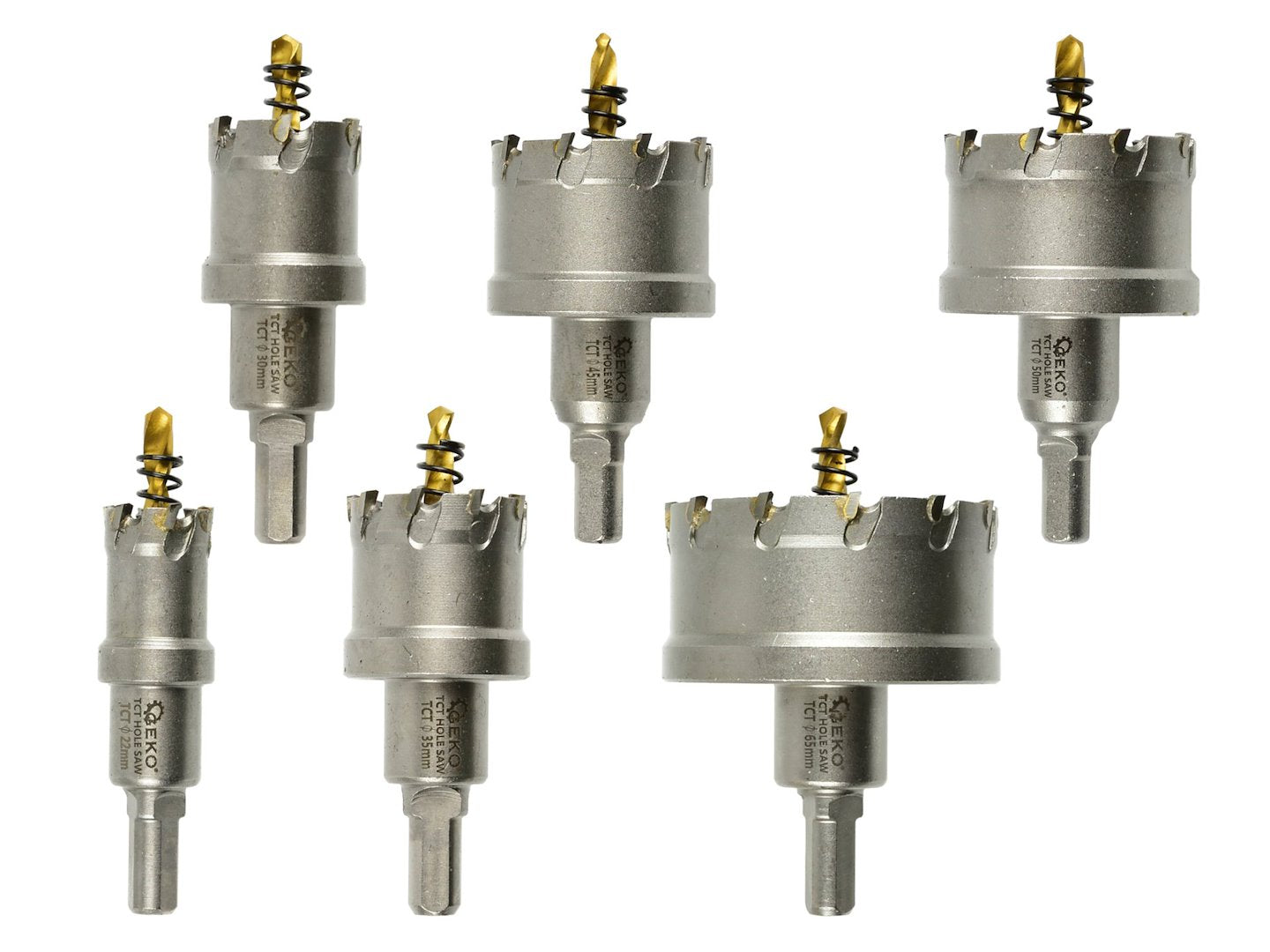 Kit di 6 seghe a tazza TCT con punta in carburo di tungsteno, 22-65 mm, punte per trapano con punta pilota placcata in titanio, per metallo, acciaio, ferro, legno, plastica, ghisa, metalli non ferrosi, Geko
