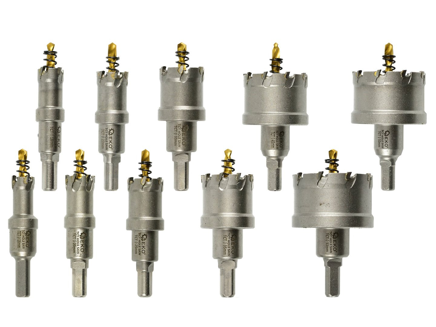 Kit di 10 seghe a tazza TCT con punta in carburo di tungsteno, 16 - 53 mm, punte per trapano con punta pilota placcata in titanio, per metallo, acciaio, ferro, legno, plastica, ghisa, metalli non ferrosi, Geko
