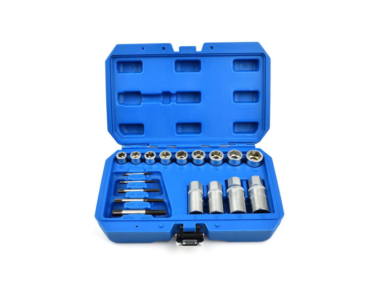 Set di estrattori di bulloni, 18 pezzi set di rimozione di bulloni e dadi a impatto, estrattore di dadi spelati, set di bussole di estrazione per la rimozione di bulloni danneggiati, viti per dadi, 3/8" 1/2", 6–19 mm, M3–M18, Cr-V