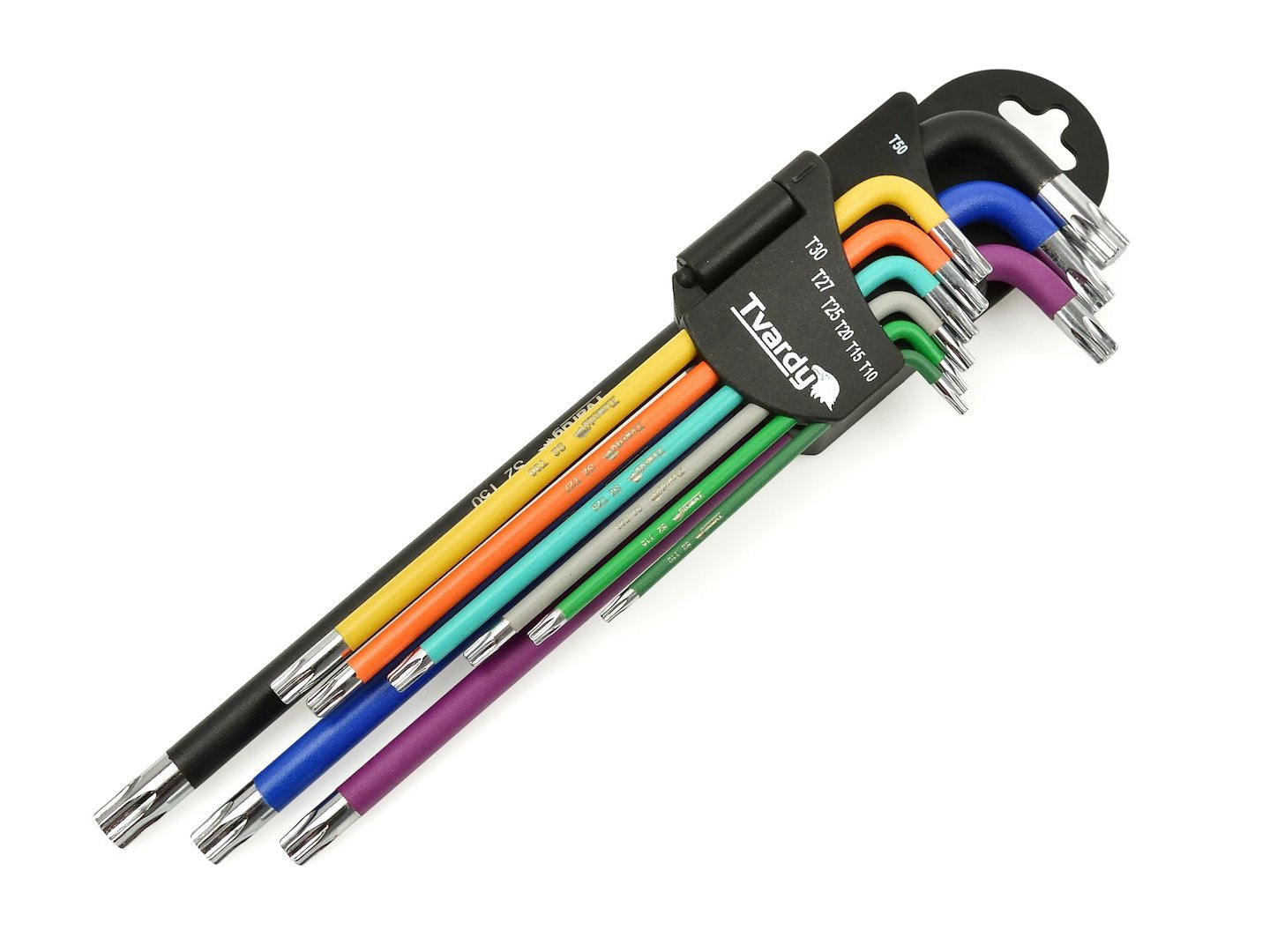 Chiavi Torx lunghe ad L set 9 pezzi, acciaio S2, colorate, set chiavi Torx extra lunghe in pratico supporto, T10 - T50, Tvardy