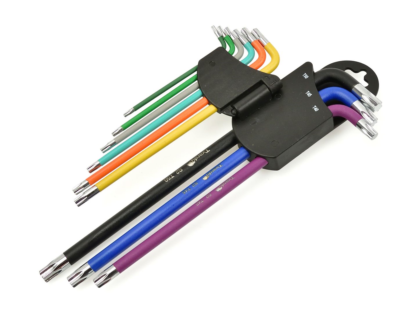 Chiavi Torx lunghe ad L set 9 pezzi, acciaio S2, colorate, set chiavi Torx extra lunghe in pratico supporto, T10 - T50, Tvardy