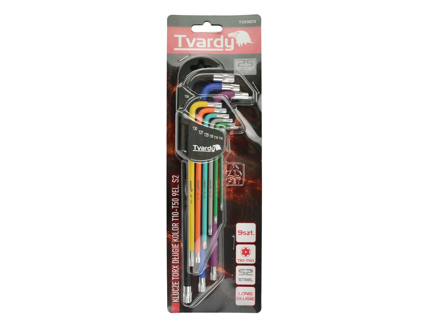 Chiavi Torx lunghe ad L set 9 pezzi, acciaio S2, colorate, set chiavi Torx extra lunghe in pratico supporto, T10 - T50, Tvardy