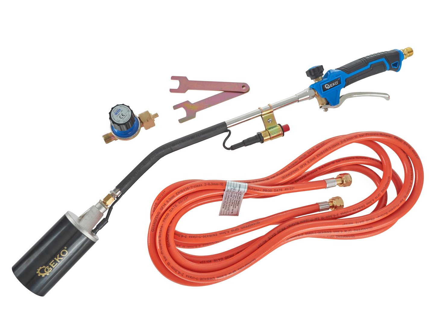 Saldatore/cannello bruciatore a gas con leva 70 cm e tubo 5 m, diametro becco: 57 mm interno, esterno 60 mm Geko kit saldatura