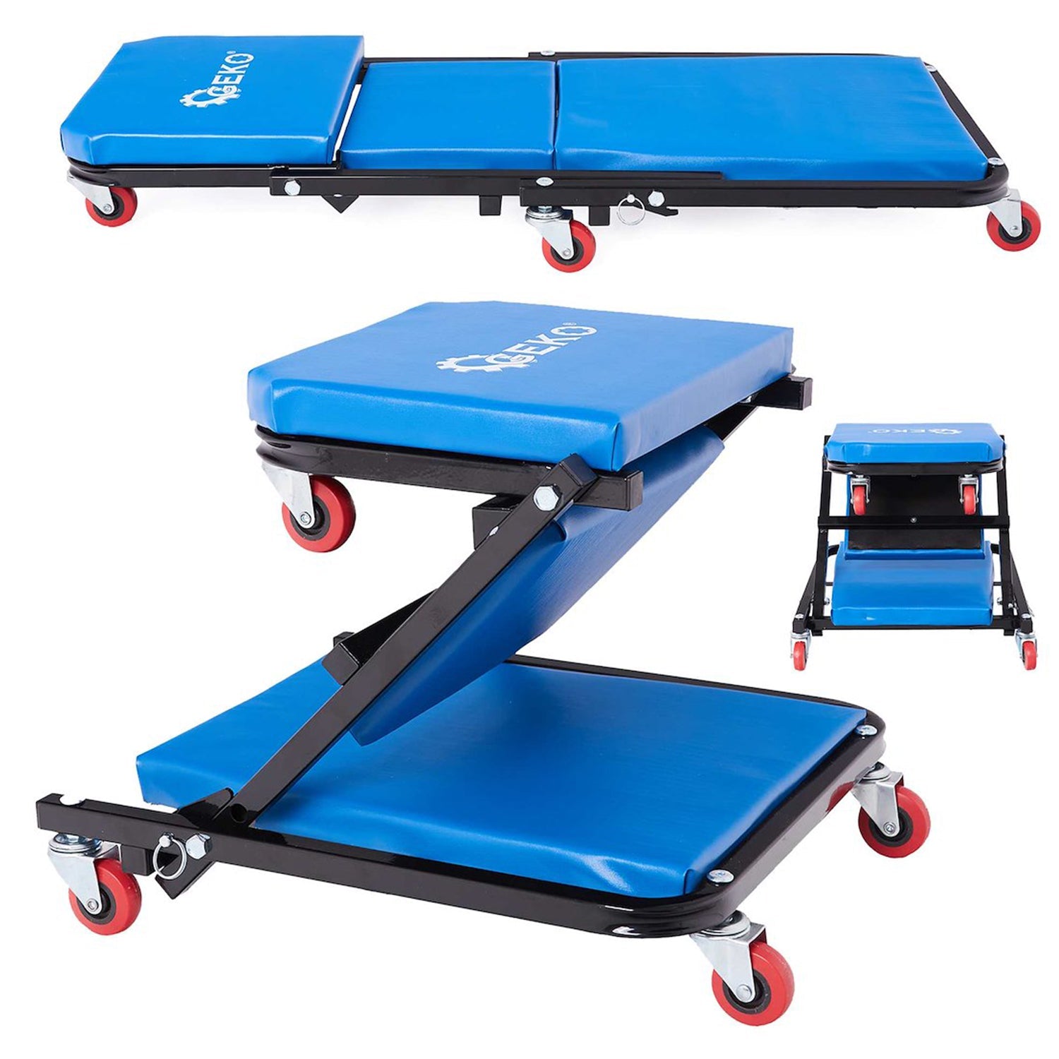 Sgabello per officina con ruote, sgabello di montaggio, carrello meccanico 2 in 1 sedia e lettino da lavoro, sgabello da officina su ruote, sgabello meccanico garage, Geko