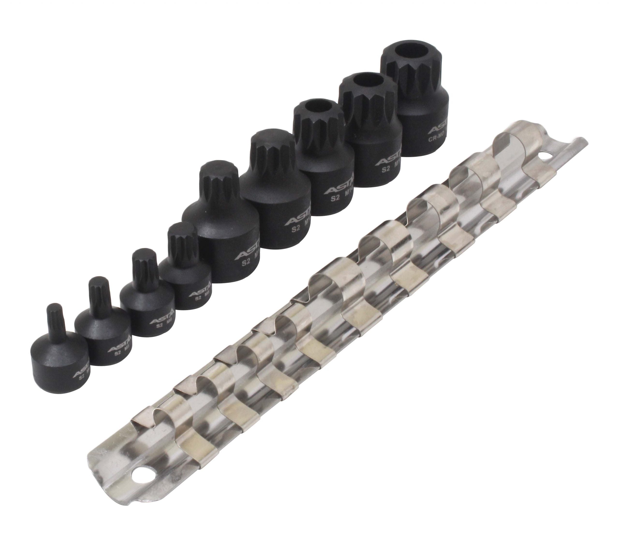 Set chiavi a bussola XZN Torx M4 - M18, filettatura multidente, acciaio S2, 9 pezzi, 1/4" 3/8"