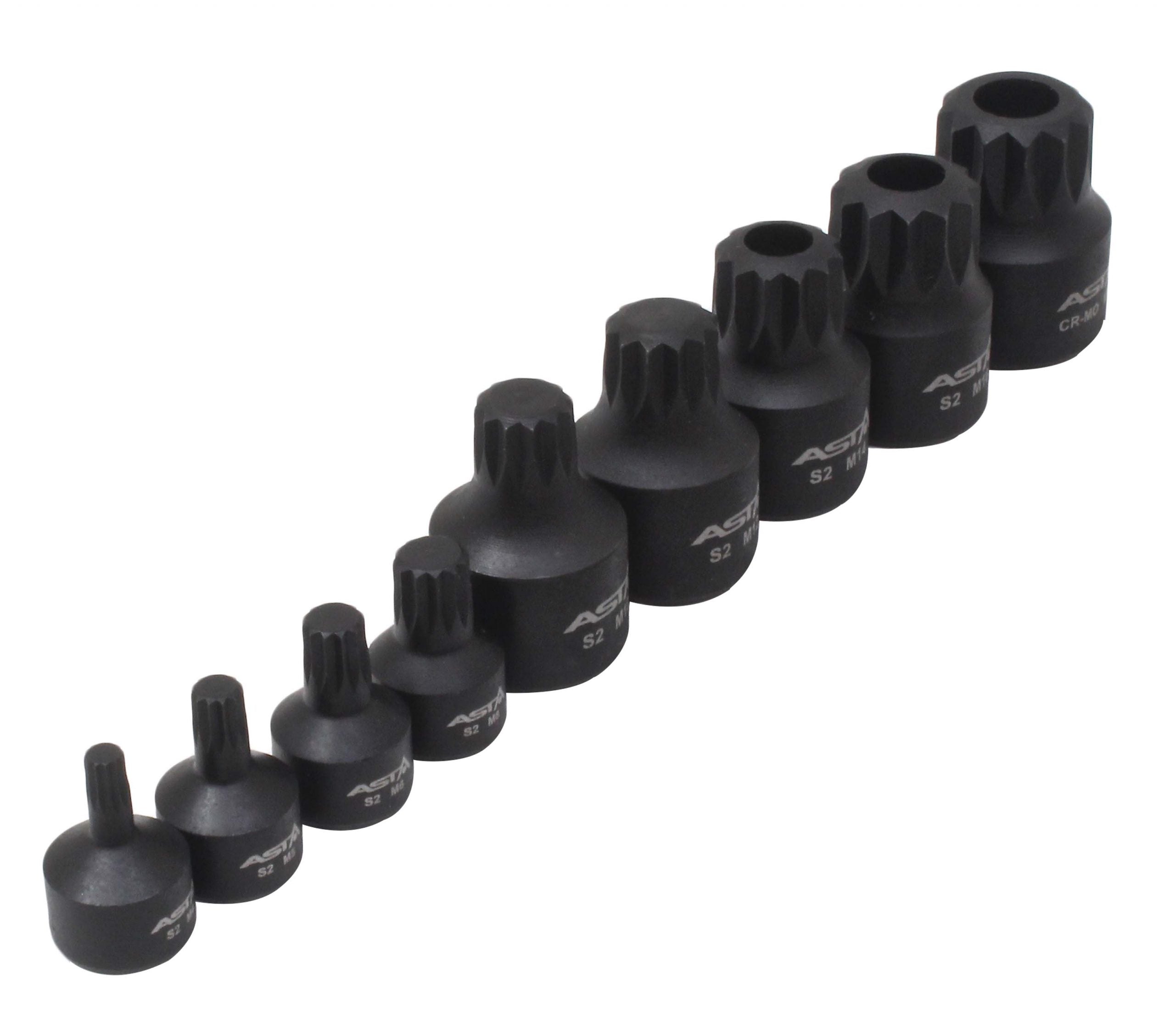 Set chiavi a bussola XZN Torx M4 - M18, filettatura multidente, acciaio S2, 9 pezzi, 1/4" 3/8"