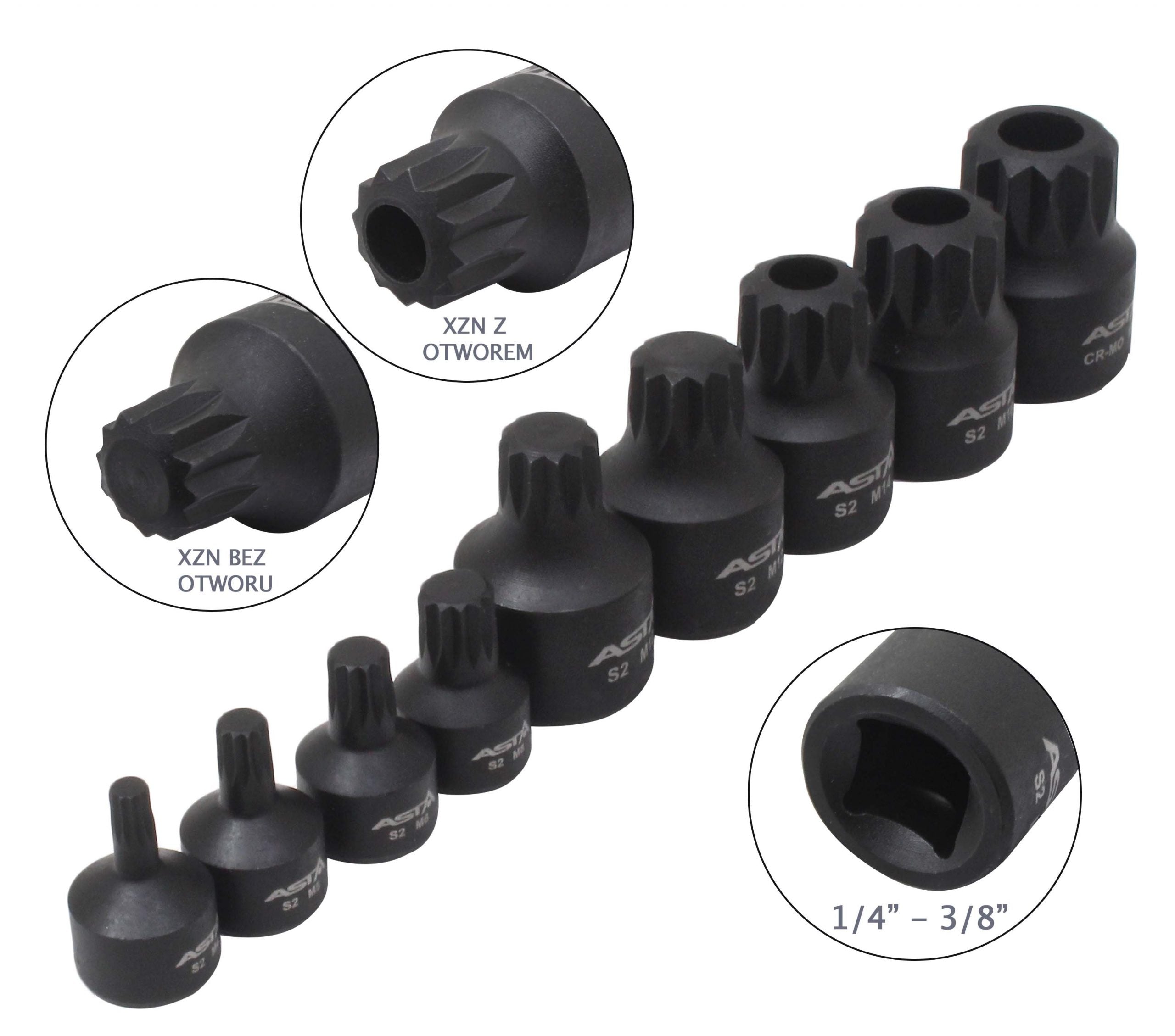 Set chiavi a bussola XZN Torx M4 - M18, filettatura multidente, acciaio S2, 9 pezzi, 1/4" 3/8"